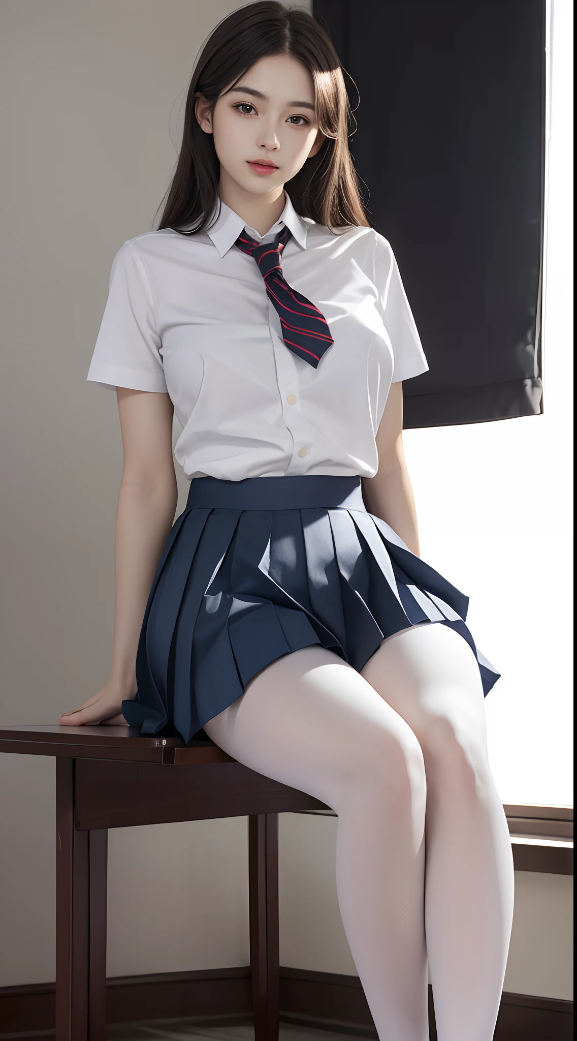 （best qualtiy，4K，tmasterpiece：1.2），Pretty women，1girll，Raised sexy：1.1，Dark yellow hair：1.1，Woman in school uniform，Soaked school clothes，Super detailed face，Detailed lips，A detailed eye，二重まぶた，Miniskirt white stockings，Stand up