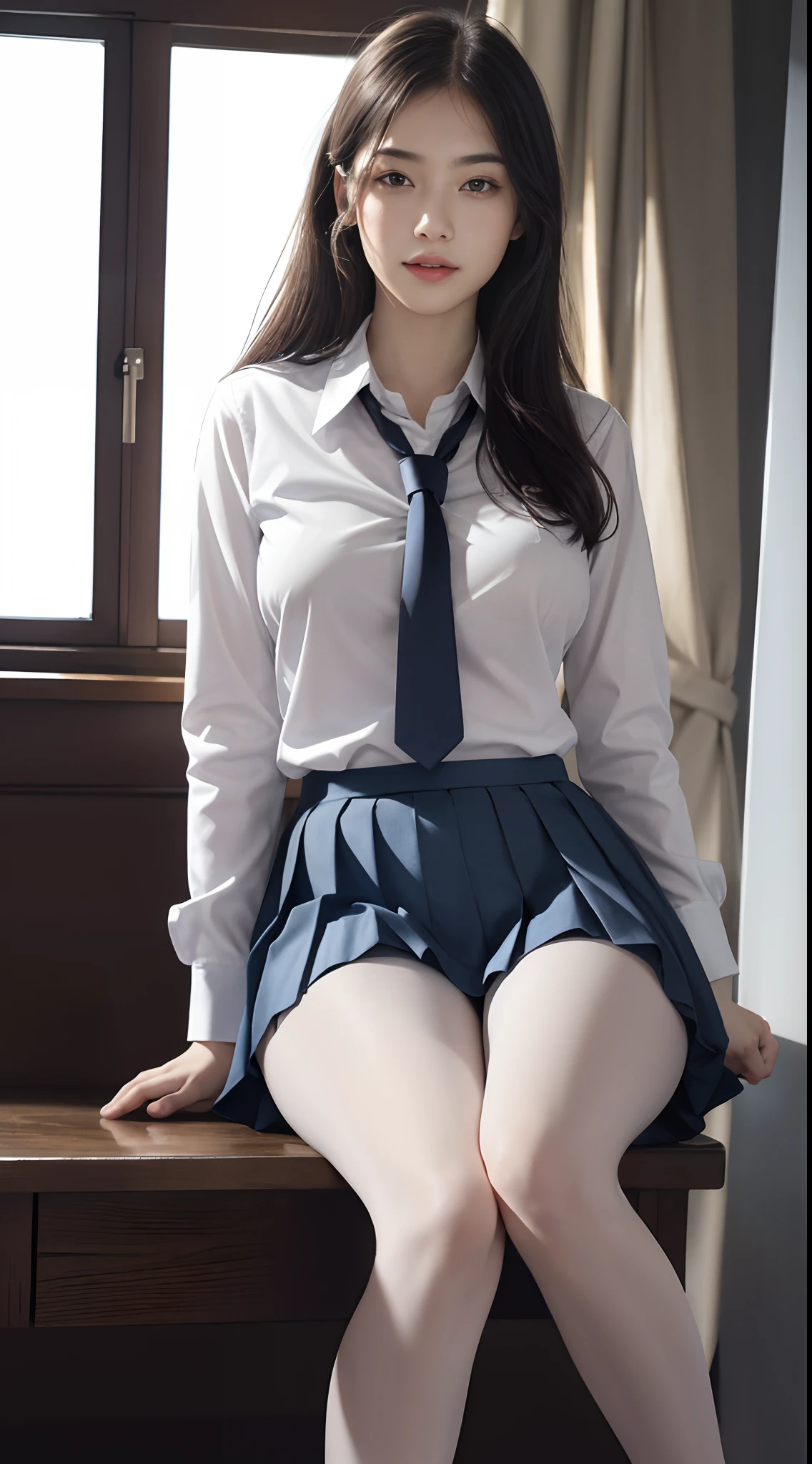 (1 girl:18-year-old), (surreal), (very detailed美しい顔), wonderful face and eyes, (highest quality:1.4), (Super detailed), (Very 8K wallpapers), very detailed, High resolution RAW color photos, professional photography, realistic portrait, (High School Uniform, pleated mini skirt:1.3), (High school uniform fully open:1.3), (small breasts:1.3), School, classroom, indoor, sitting, Chair, spread your legs wide, (No panties:1.3), Depth of written boundary, (view from below:1.1), {{smile:tear bag}},{{pussy}}