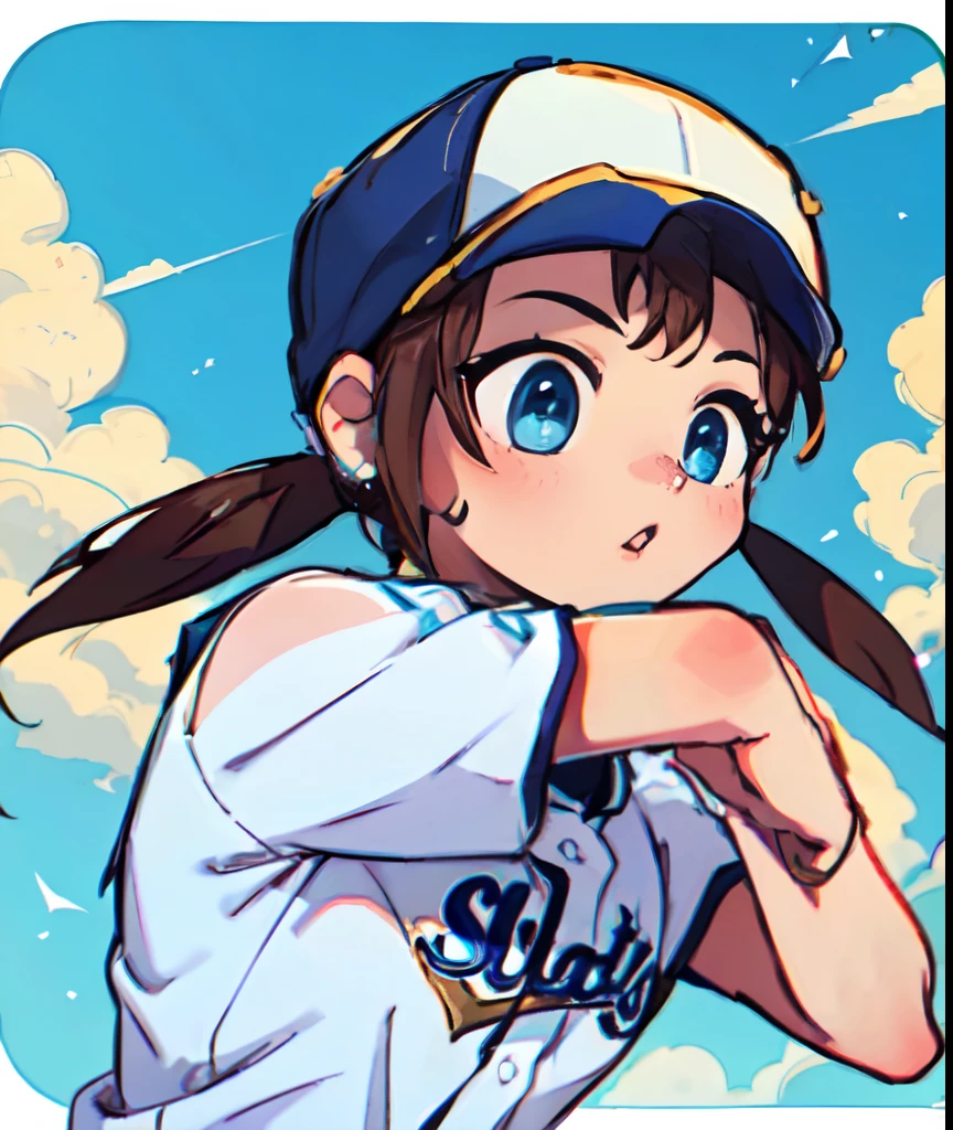 girl with、Brown hair close to golden、Twin-tailed、Blue baseball caps and uniforms、blue-sky