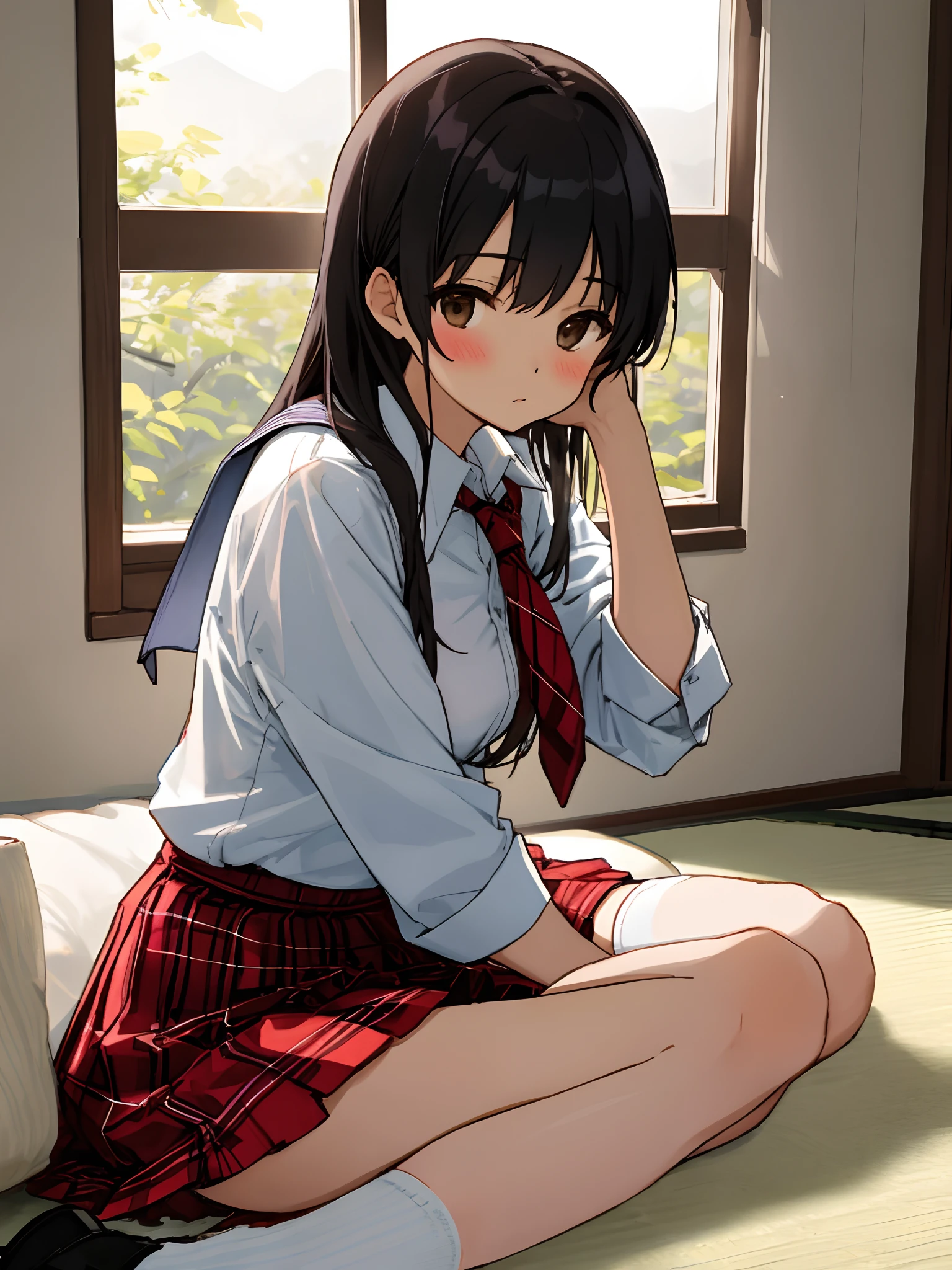 girl, Japanese woman sitting by the window, Thinking. She wears a white shirt with a tie, red plaid skirt and white knee socks.