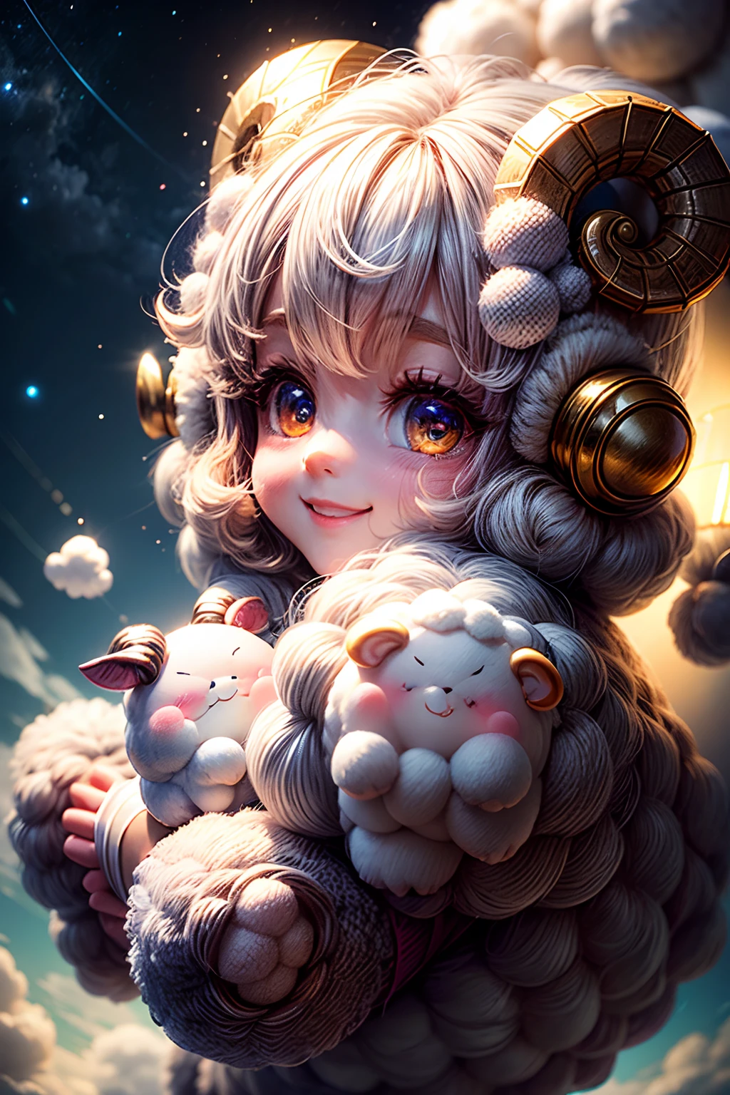 Highly detailed motion shot textured fur marshmallow sheep smiling on marshmallow cloud in night sky, Adorable, kawaii, Highly detailed,