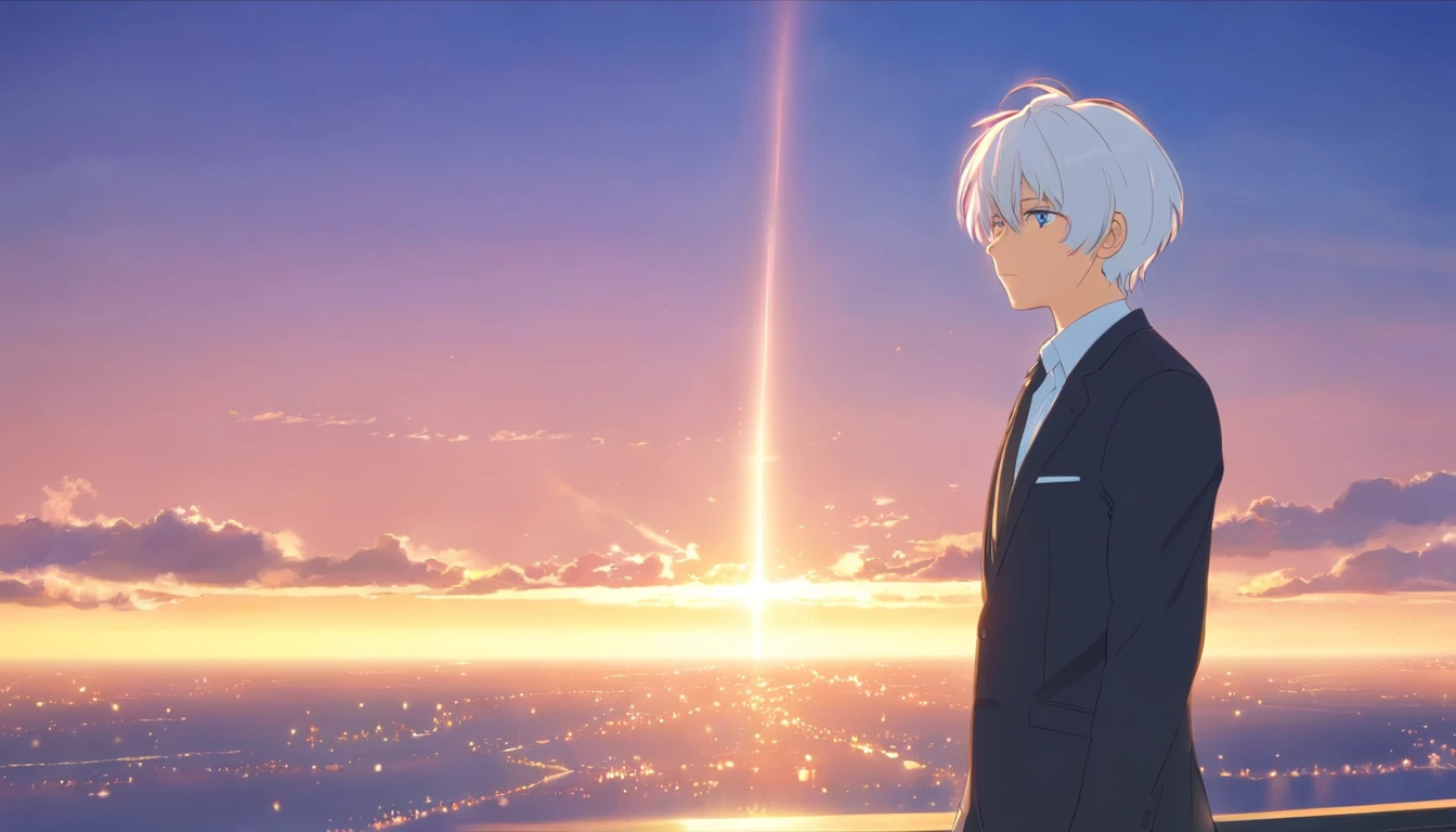realisticlying,1boy,White hair,Black eyes,glowing light eyes,In black suit,parted lip,the night,suns,rays of sunshine,