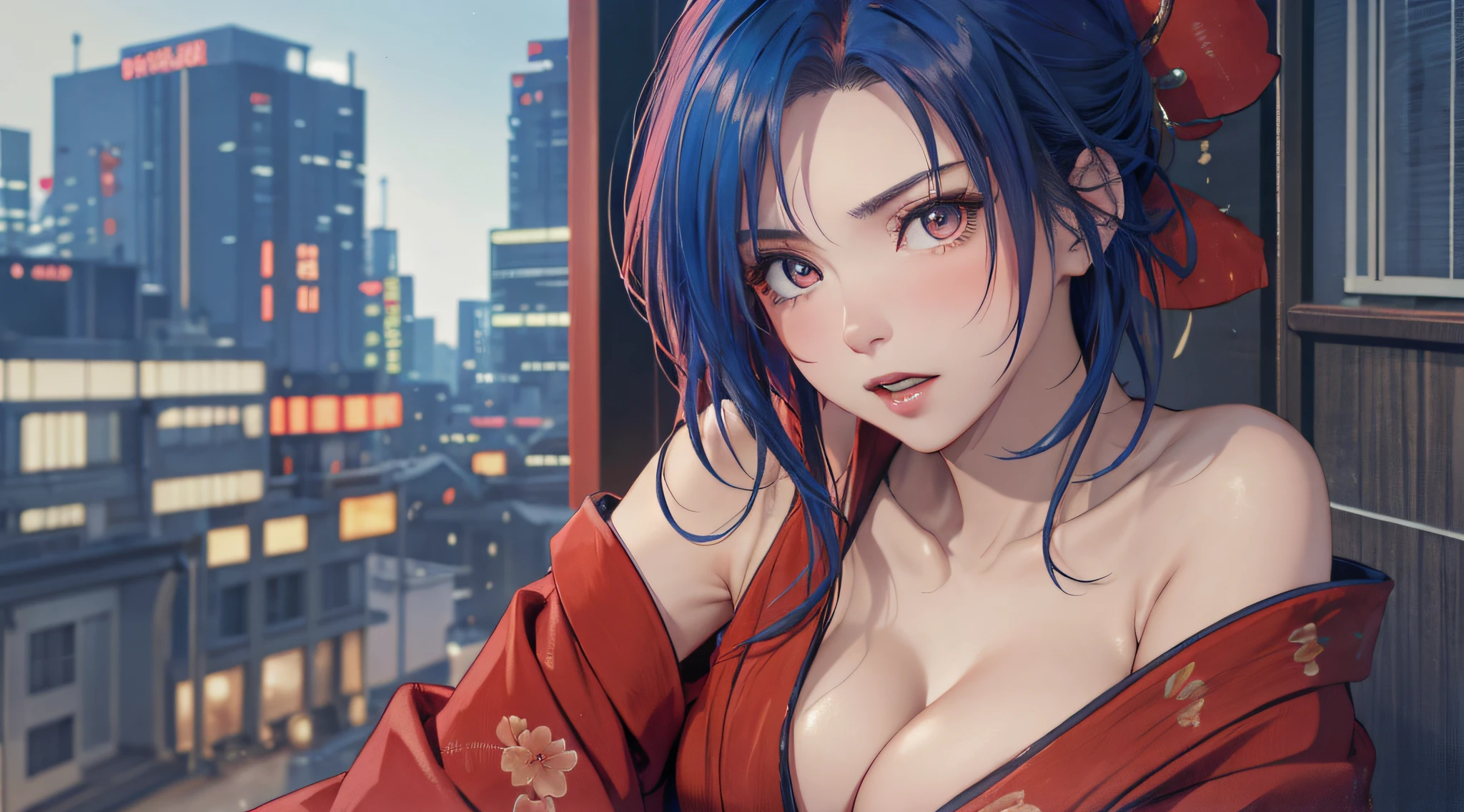 Breastfeeding with your arms、((Incredibly beautiful villain woman in red kimono:1.3))、((NSFW))、Asymmetrical ultra-short hair,、cleavage of the breast、a matural female、Very boyish and cool、sky blue hair,Red inner hair、Bedroom with cyberpunk night view、Great lighting、Small eyes、Black eyes、D-Cup Peak、serious facial expression