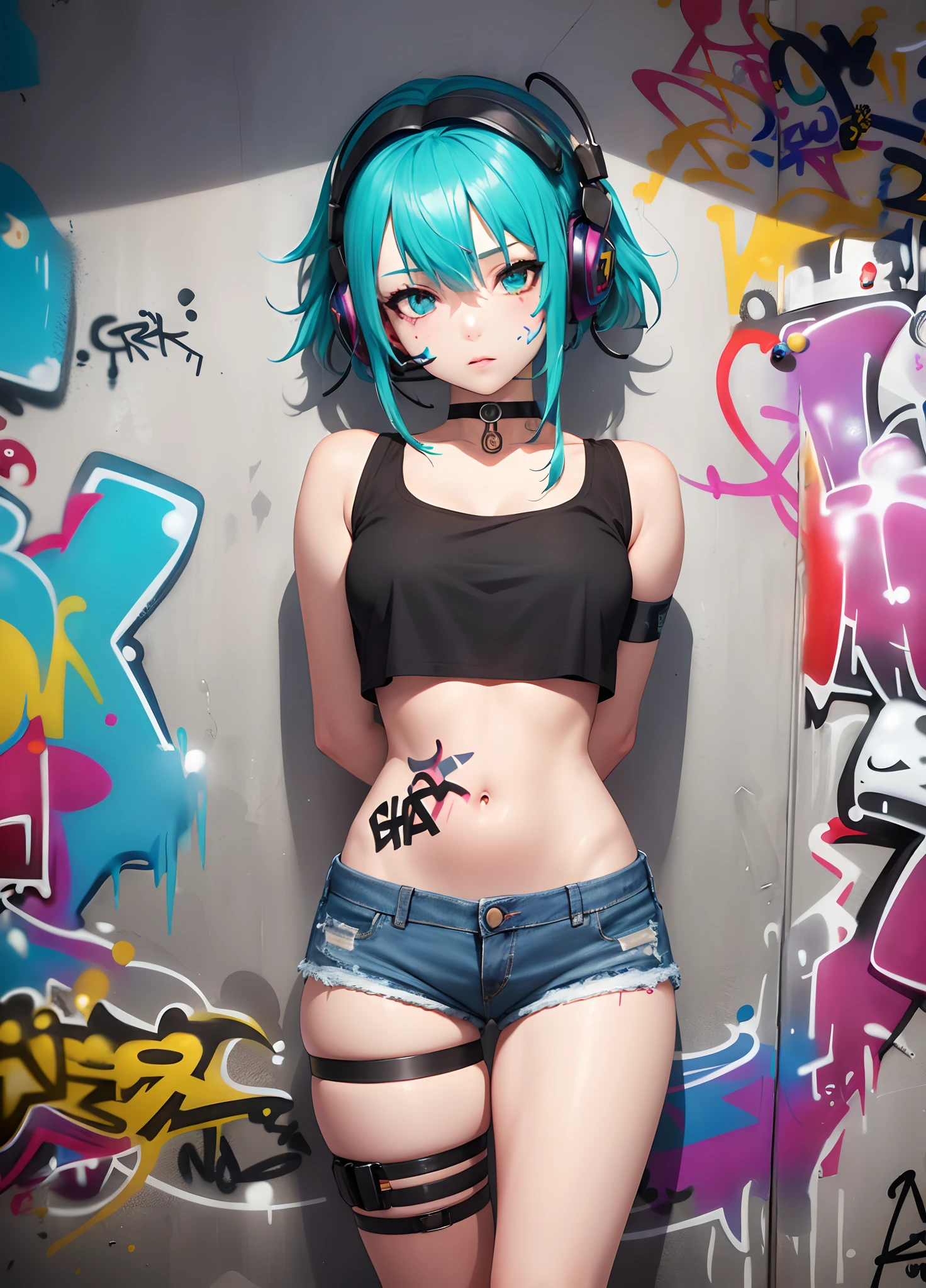 masterpiece, best quality, 1girl, solo, crop top, denim shorts, choker, (graffiti:1.5), paint splatter, arms behind back, against wall, looking at viewer, armband, thigh strap, paint on body, head tilt, bored, multicolored hair, aqua eyes, headset,