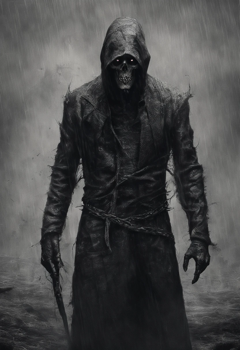 Homem muito velho, it looks like a corpse, metade de seu rosto deformado, olhar irritado, cabelos grisalhos curtos, pale wrinkled skin, pupilas amareladas, postura curvada, cintura para cima, olhar penetrante e maligno, longo manto preto, Roupas rasgadas, Manto de penas de corvo nas costas, lado esquerdo do corpo coberto com faixas e capuz, mistborn, Posto de gasolina escuro, horror, medo, assustador, suspense, Misterioso