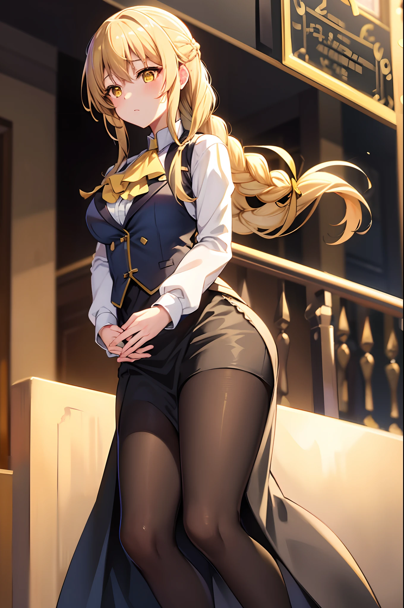 guild girl, long hair, blonde hair, yellow eyes braid, single braid, skirt, shirt, long sleeves, white shirt, pantyhose, black skirt, vest, long skirt, yellow ribbon, ascot, yellow ascot,