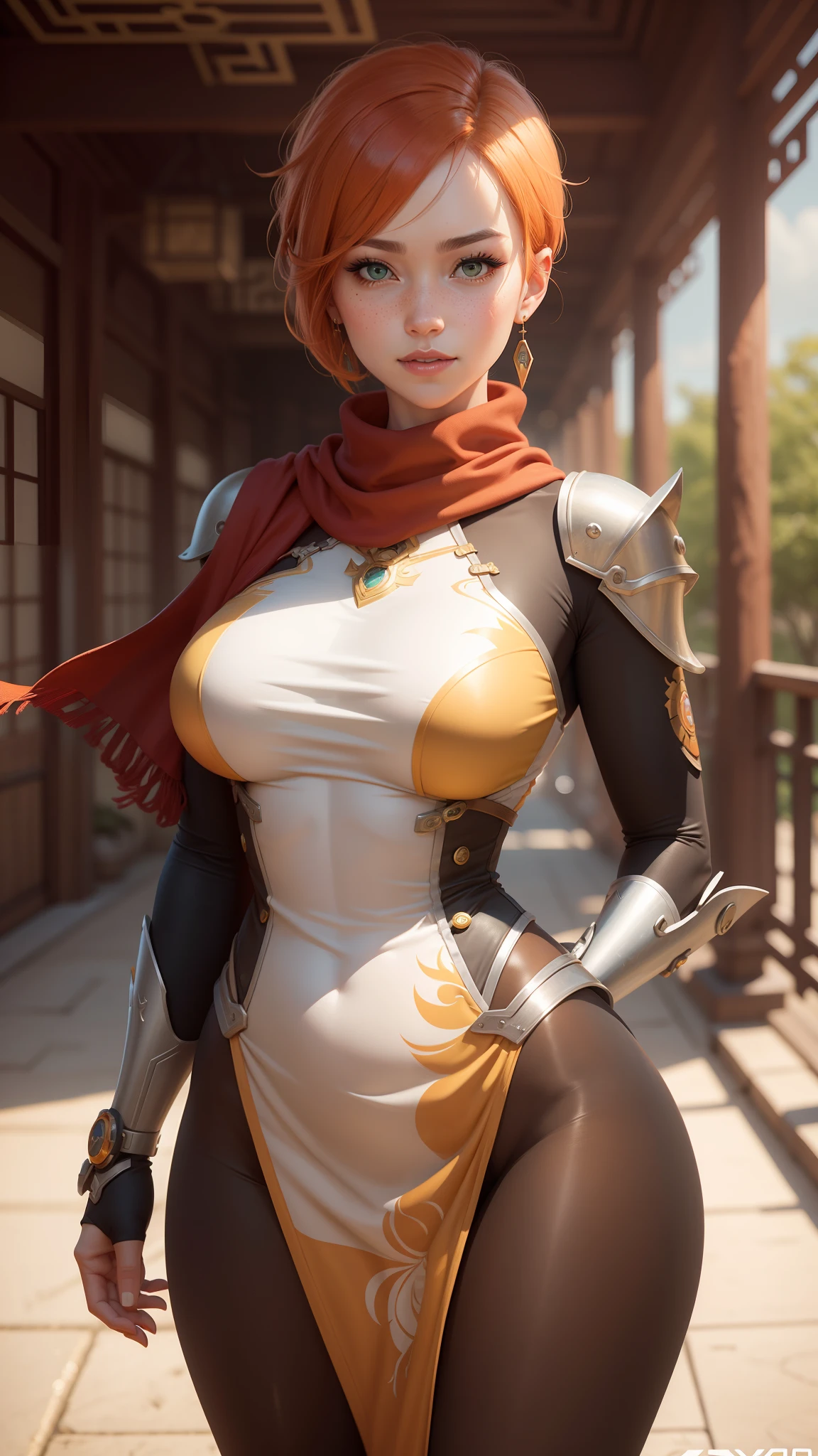 gwen tennyson,tracer,chun-li,rebecca chambers,overwatch,gundam,1girl,close up,mecha pilot,chinese garden,orange and gold dress,chinese hair pin,pirate corset,silver long sleeve lycra top,silver leggings,short hair,cute makeup,green eyes,orange and gold hair,shy smile, freckles,redhead,beautiful girl,large breasts,ultra detailed,realistic,fantasy art,chinese dress,chinese armor,snow scarf,feudal era,steel armor,earrings,