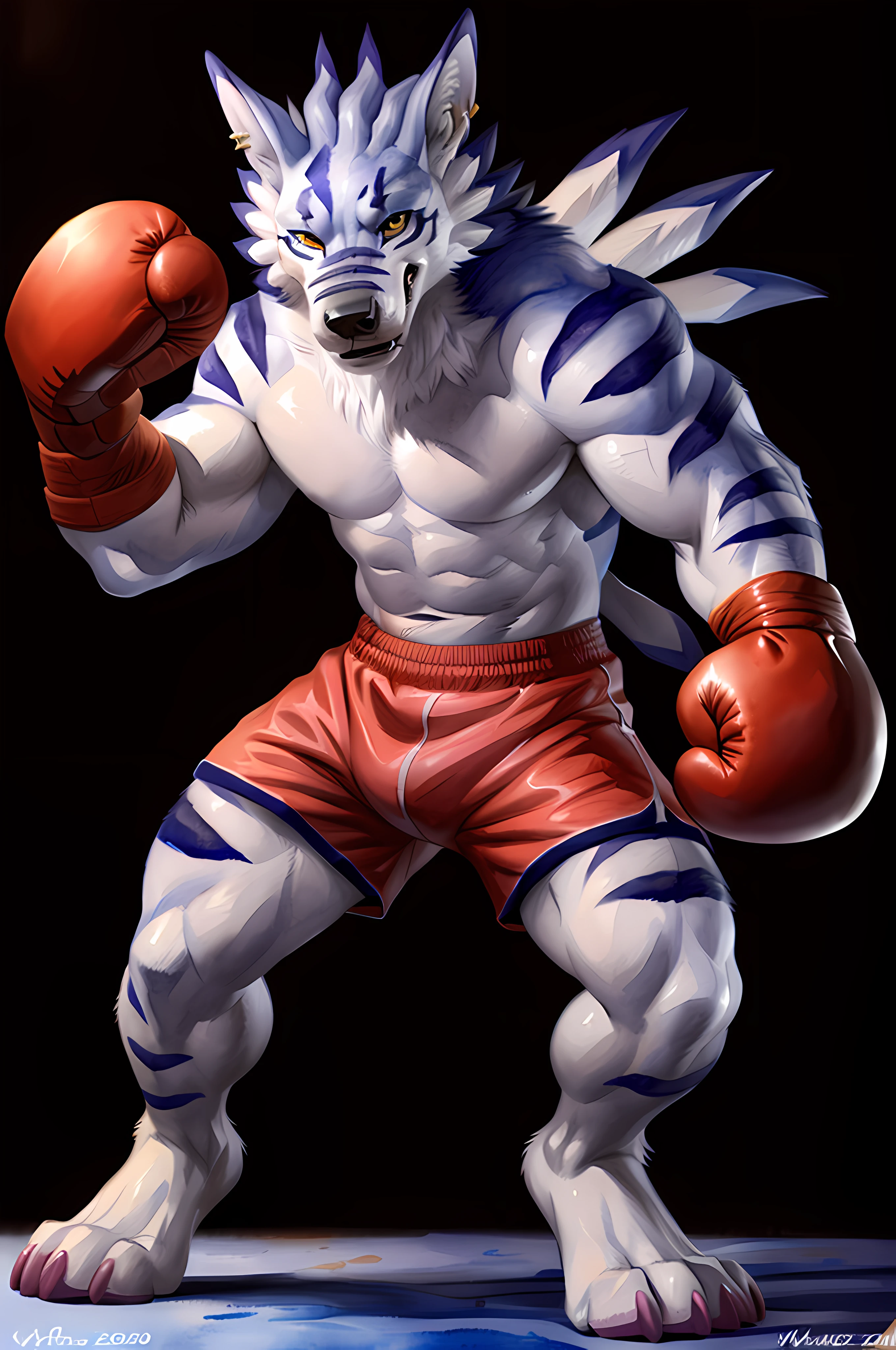 weregarurumon, posing for the camera, wearing boxing gloves. 4k, high resolution, best quality, posted on e621, (solo:1.2), anthro body, male, mane, adult, masculine, (athletic, muscular, heavyweight:1.2), correct anatomy, (black background, no background, featureless background:1.2), (by wfa:1.2), (by chunie, by Taran Fiddler:0.8), (detailed eyes:1.2), sexy, (cel shaded:1.2), cartoony shading, (watercolors:1.2), (wolf tail:1.2), (full body:1.2), cocky smile, single lowered brow, (boxing gloves:1.1), (boxing trunks:1.1), (looking at viewer:1.2), bright eyes, (sweat:1.2)