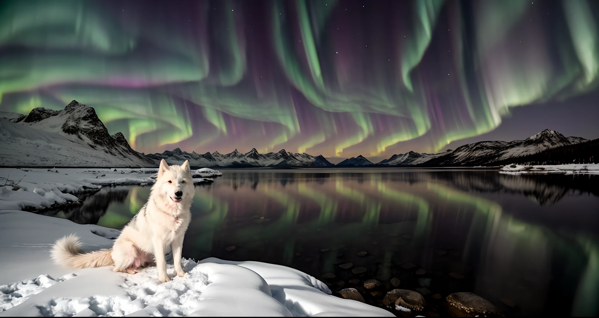 (1 Inuit girl: 1.2), fur hood, traditional costume, aurora photography, delicately beautiful photorealistic, detailed details, ultra-realistic photography, 8k UHD, DSLR, (snow scene), top quality, Film grain, Fujifilm XT3, (Masterpiece: 1.3), Majestic mountain, reflected in the lake, ((The majestic aurora you've never seen)), Night sky, Pure white wolf dog, ((Snowflake)), (Backlight)