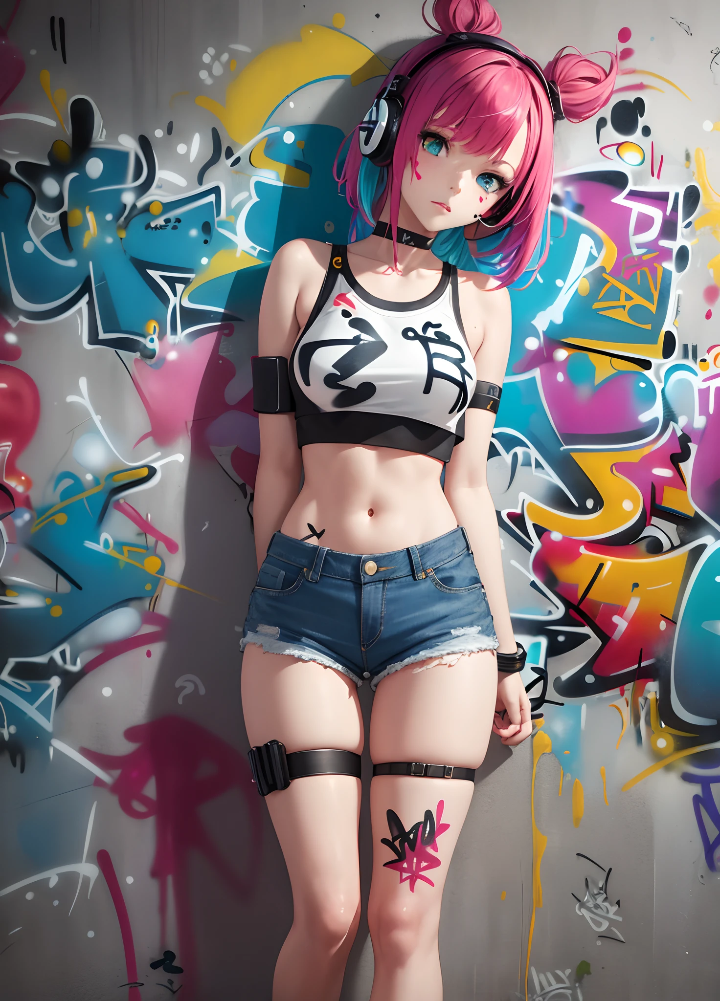 (graffiti:1.5), Young woman, 16 years, short hair, spray paint on the body, spray paint on the wall, Graffiti wall, multicolored hair, underpants, stockings, stockings in plaid, breast, breast объемная, Short shirt, T-shirt to half chest, breast on half of the shirt, Skate, board, headphones, видна breast, breast big round, nipples, protruding breast nipples, nipples торчат, sneakers, sneakers, shoes, sports figure, clitoris, clitoris через underpants, 8K, detailing, high quality, High detailing,
