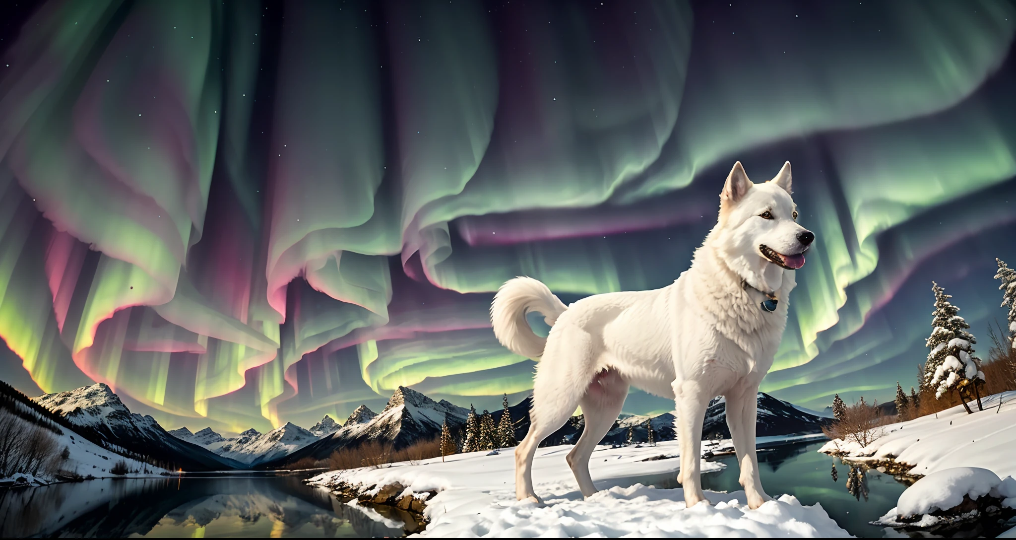 (1 Inuit girl: 1.4), fur hood, winter clothing, traditional costume, aurora photography, delicately beautiful photorealistic, detailed details, ultra-realistic photography, 8k UHD, DSLR, (snow scene), Top quality, film grain, Fujifilm XT3, (Masterpiece: 1.3), Majestic mountain, reflected in the lake, ((The majestic aurora you have never seen)), Night sky, Pure white wolf dog, ((Snowflake)), (backlit)