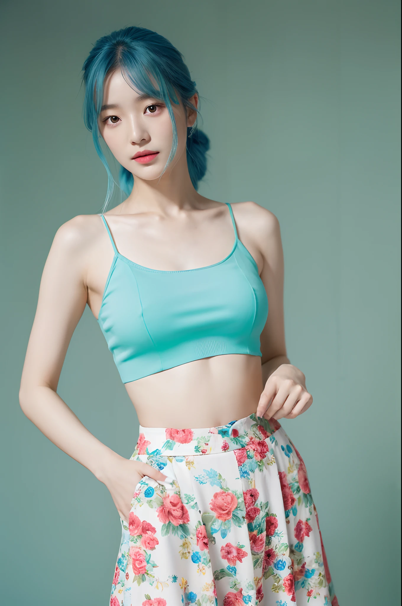 a woman in a floral crop top and mint skirt posing for a picture, croptop, crop top, bralette, wearing white camisole, bae suzy, wearing a camisole, physical : tinyest midriff ever, gorgeous young korean woman, heonhwa choe, cutecore, lulu chen, reluvy5213, light blue hair