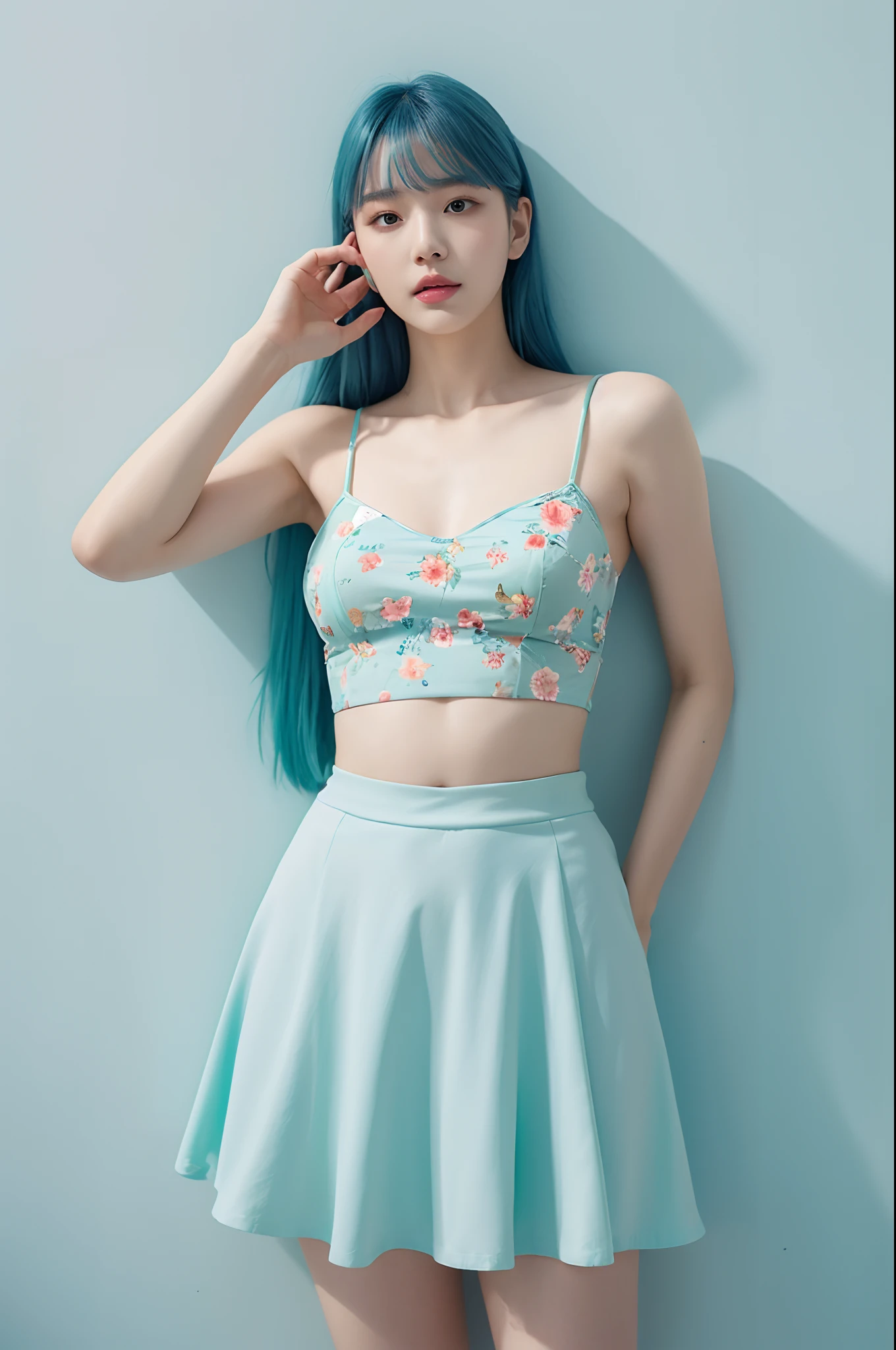 a woman in a floral crop top and mint skirt posing for a picture, croptop, crop top, bralette, wearing white camisole, bae suzy, wearing a camisole, physical : tinyest midriff ever, gorgeous young korean woman, heonhwa choe, cutecore, lulu chen, reluvy5213, light blue hair