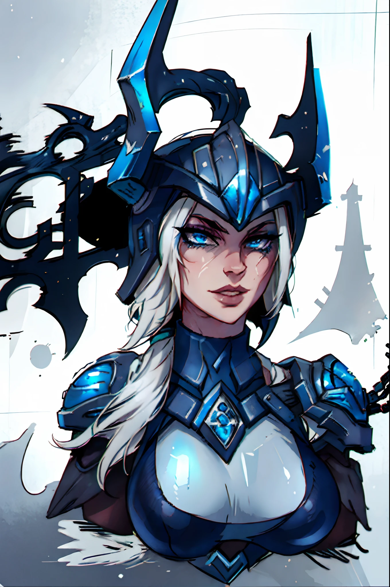 best quality, master piece, highres, portrait, sejuani, white hair, silver armor, helmet, perfect face, blue eyes, large breats,