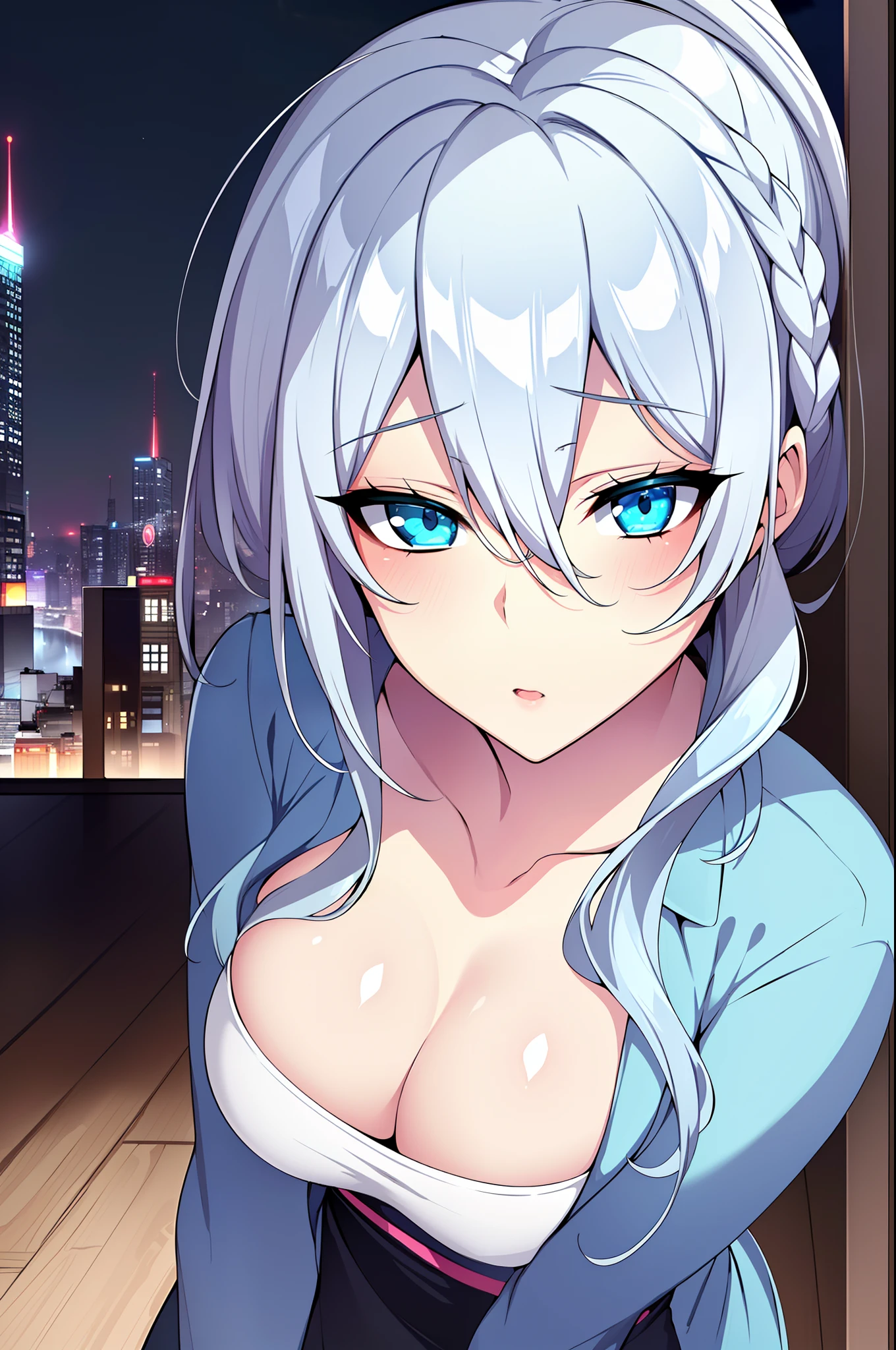 (Night:1.7), Japan, cyberpunk, CityView, Before Window,wooden floor,
Standing at attention,
Blue Jacket, Grey Shirt, collarbone, deep cleavage,
jewelry,gem,bangs, silver Hair, blue Eyes, Braid,long hair, low ponytail, a bow tie,hair ornament, hairclip,
1 girl, 20yo,Young female,Beautiful Finger,Beautiful long legs,Beautiful body,Beautiful Nose,Beautiful character design, perfect eyes, perfect face,expressive eyes,
looking at viewer, in the center of the image,(Upper_body),(Focus on her face),
official art,extremely detailed CG unity 8k wallpaper, perfect lighting,Colorful, Bright_Front_face_Lighting,shiny skin,
(masterpiece:1.0),(best_quality:1.0), ultra high res,4K,ultra-detailed,
photography, 8K, HDR, highres, absurdres:1.2, Kodak portra 400, film grain, blurry background, bokeh:1.2, lens flare, (vibrant_color:1.2)
(Beautiful,Breasts), (beautiful_face:1.5),(narrow_waist),