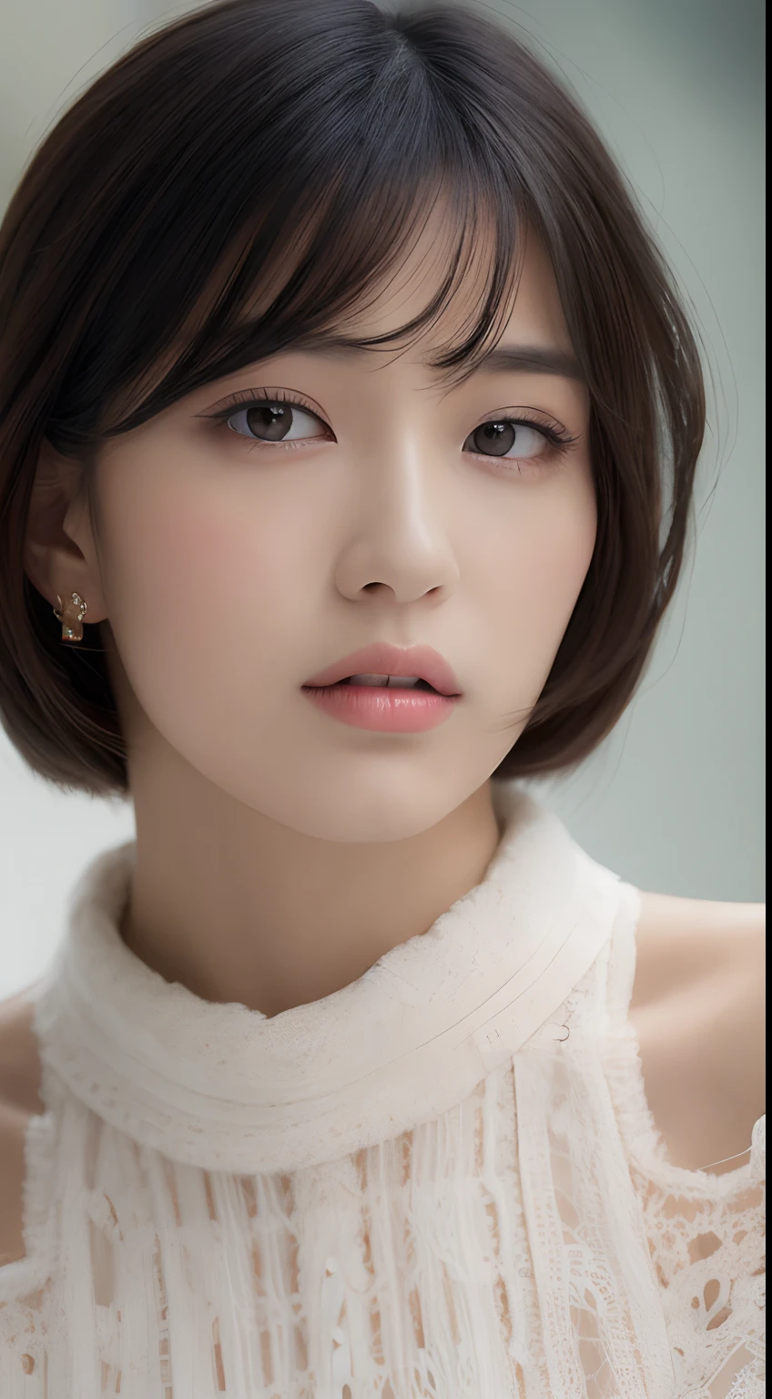 one beautiful Japanese model ,Unique hair details, DNA pattern Negligé, translucent, detailed eyes, double eyelid, plump lips, very very short hair, professional makeup, in the rain, hyper res