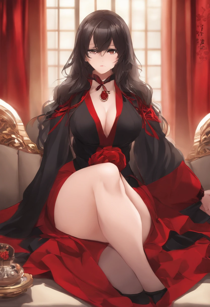 yor forger, anime spy x family, sex, vestida, vestido vermelho, sensual, medium breasts, Back sitting position, medium ass, cabelos pretos, Japanese anime style.