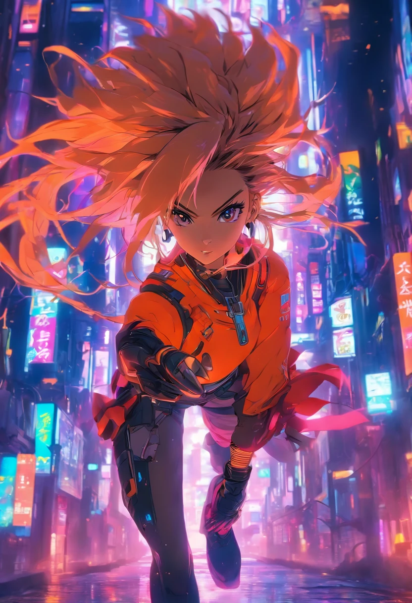 In the neon-lit streets of a dystopian future, a fierce and beautiful woman in an orange shirt defies the system, her voice echoing through the cold steel canyons. Inspired by the cyberpunk art of Zhou Jichang on Artstation, create a vivid and exhilarating piece in a style that blends shock art, official art, and the captivating essence of anime. Let your imagination run wild with bold colors, dynamic energy, and a raw intensity that demands attention. Show us a vision that pushes artistic boundaries, captivates the viewer, and transports us to a world unlike any other.