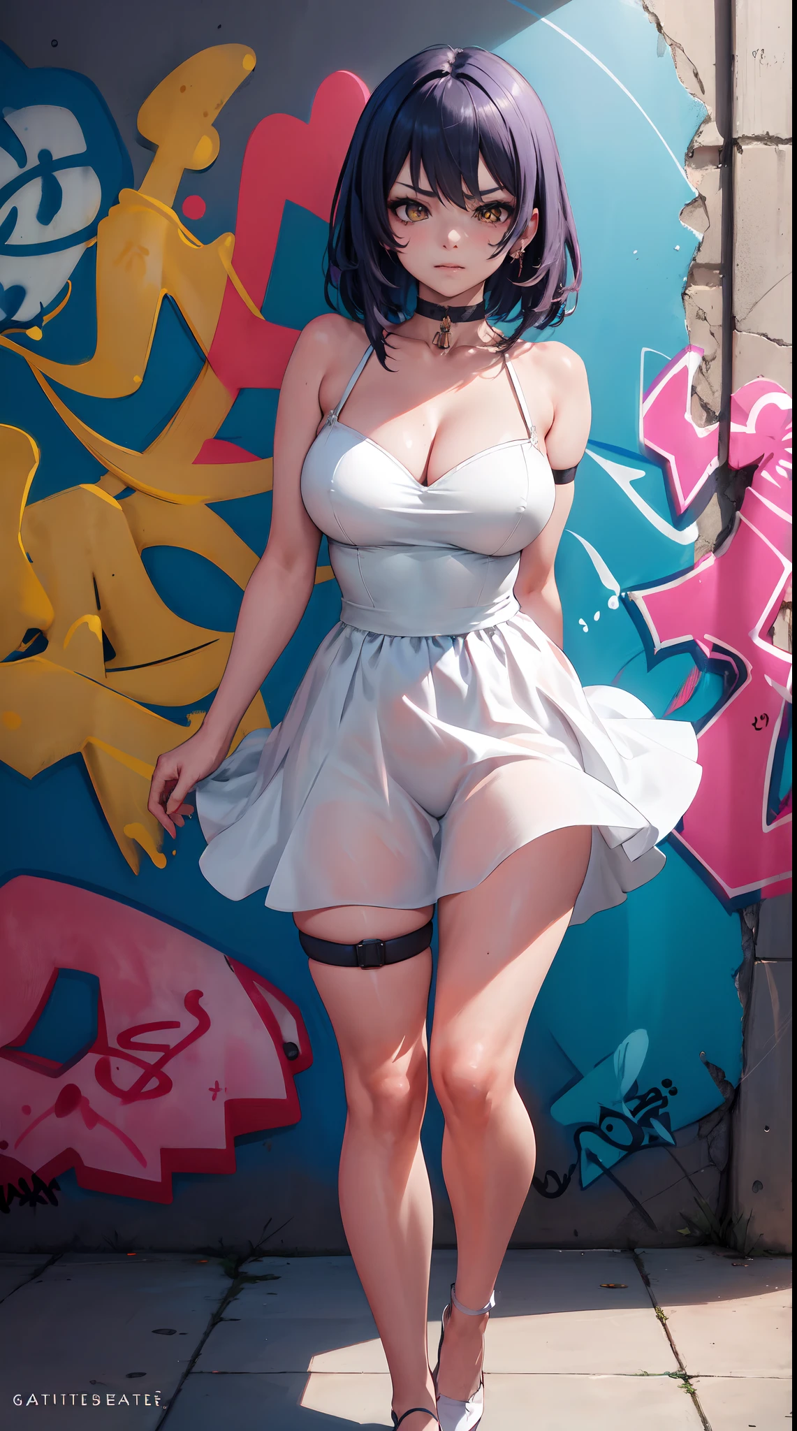 Kujou Sara| genshin impact, master-piece, bestquality, 1girls,25 years old, proportional body, proportional., Wedding Dresses, White Wedding Dress, wedding,Long skirt, mediuml breasts, ,bara, choker, (Graffiti:1.5), Splash with purple lightning pattern., arm behind back, against wall, View viewers from the front., Thigh strap, Head tilt, bored, 10, 10, HD,