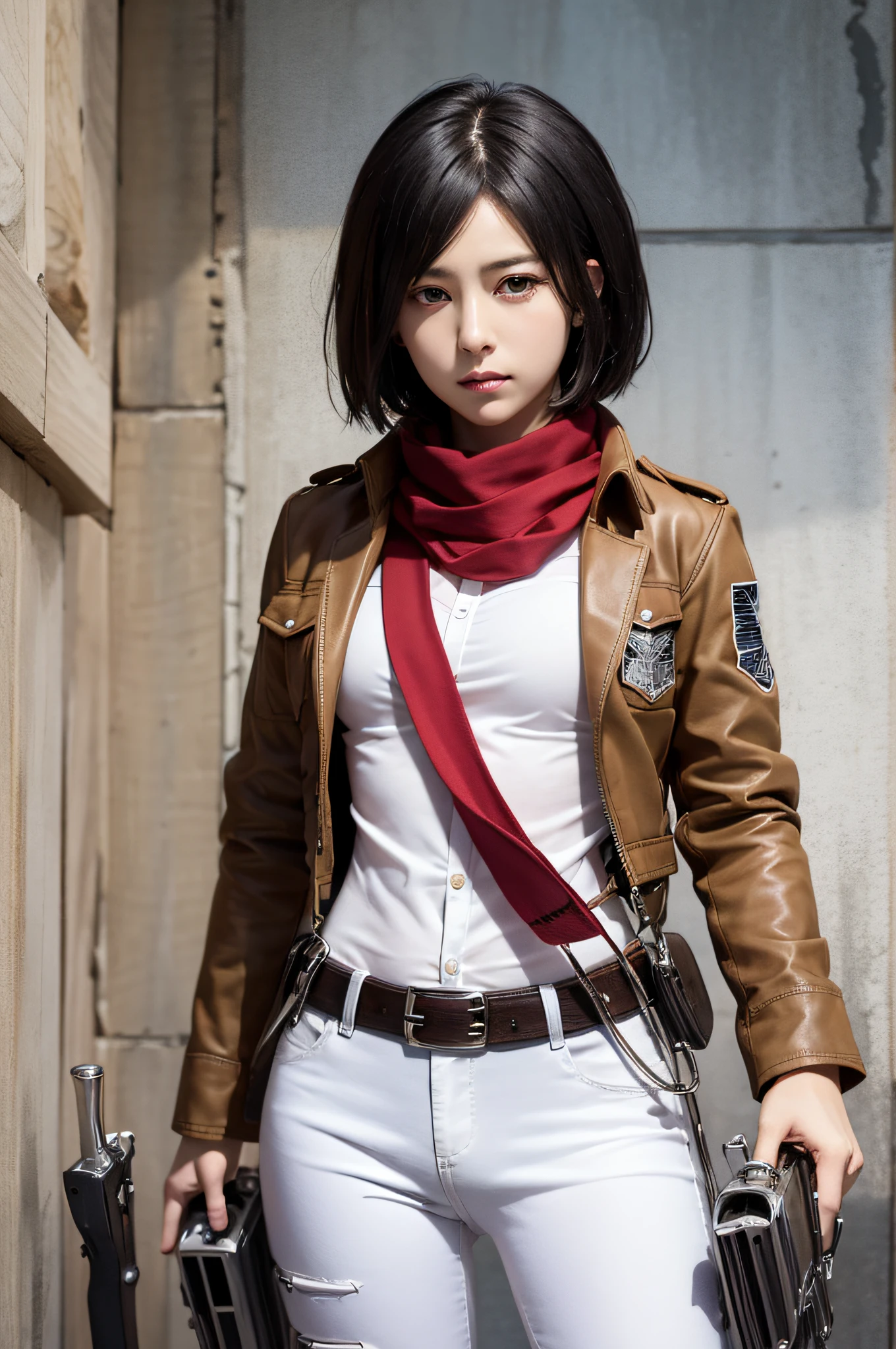 Master Parts, Best Quality, Haute, hmmikasa, Short hair, Black eyes, Underwear for the lower body, Swimwear Scarf, emblem, Belt bag, Thigh strap, red scarf, White pants, Brown jacket, shortsleeves, holding gun, The sword, outside of house