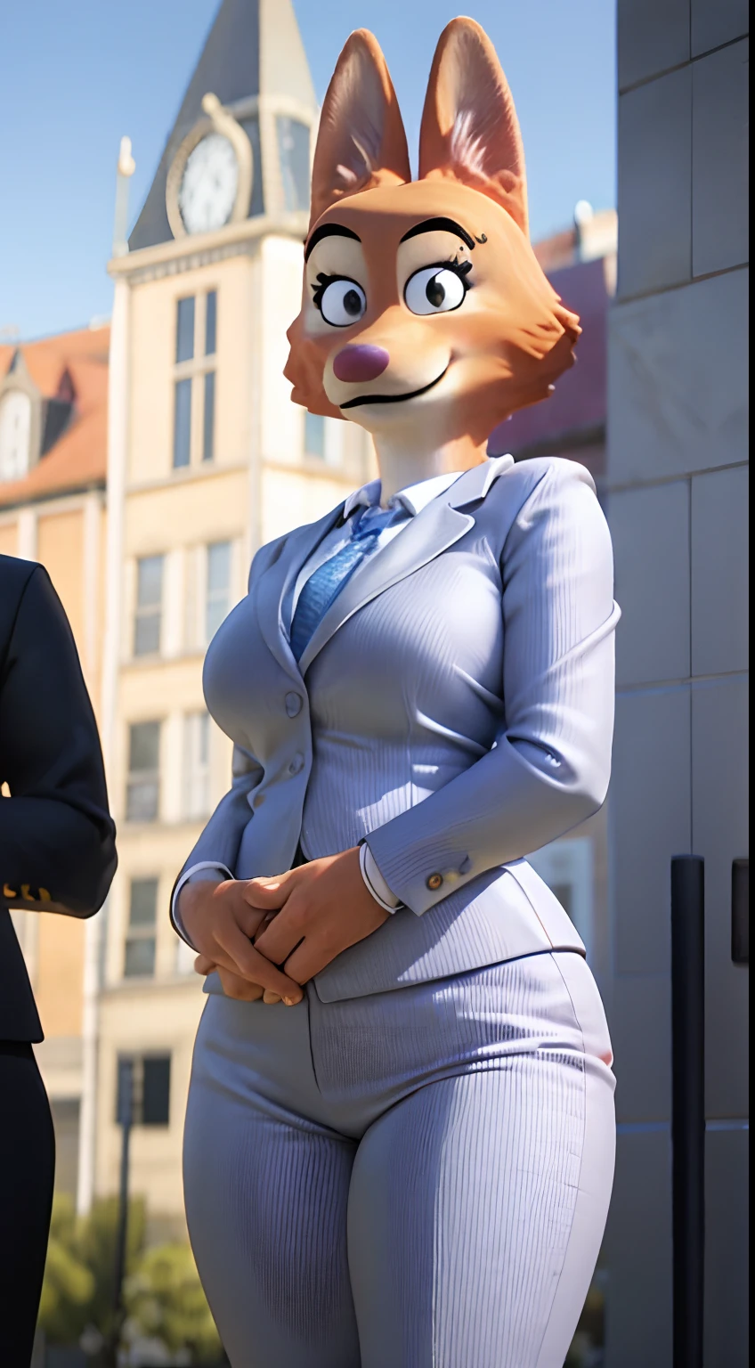Detailed and realistic portrait of diane foxington in Town Hall, grey business suit, orange body, black lips, eyelashes, eyebrow piercing