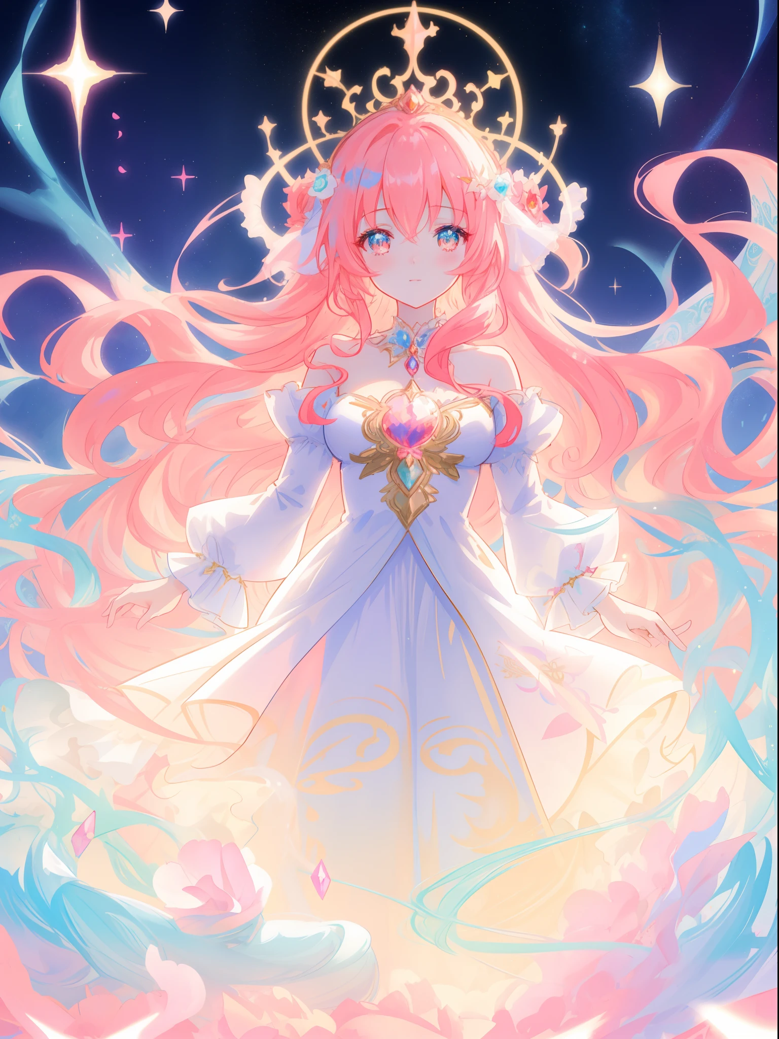 beautiful anime girl in white princess ballgown, vibrant pastel colors, (colorful), magical lights, red and gold long wavy curly hair, sparkling lines of light, inspired by Glen Keane, inspired by Lois van Baarle, disney art style, by Lois van Baarle, glowing aura around her, by Glen Keane, jen bartel, glowing lights! digital painting, flowing glowing hair, glowing flowing hair, beautiful digital illustration, fantasia background, whimsical, magical, fantasy, beautiful face, ((masterpiece, best quality)), intricate details, highly detailed, sharp focus, 8k resolution, sparkling detailed eyes, liquid watercolor