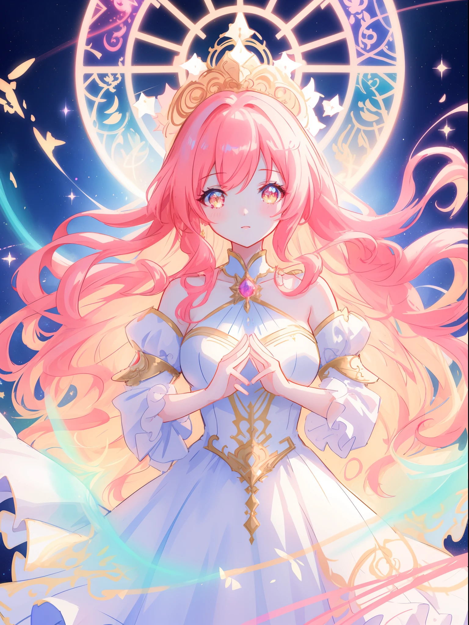 beautiful anime girl in white princess ballgown, vibrant pastel colors, (colorful), magical lights, red and gold long wavy curly hair, sparkling lines of light, inspired by Glen Keane, inspired by Lois van Baarle, disney art style, by Lois van Baarle, glowing aura around her, by Glen Keane, jen bartel, glowing lights! digital painting, flowing glowing hair, glowing flowing hair, beautiful digital illustration, fantasia background, whimsical, magical, fantasy, beautiful face, ((masterpiece, best quality)), intricate details, highly detailed, sharp focus, 8k resolution, sparkling detailed eyes, liquid watercolor