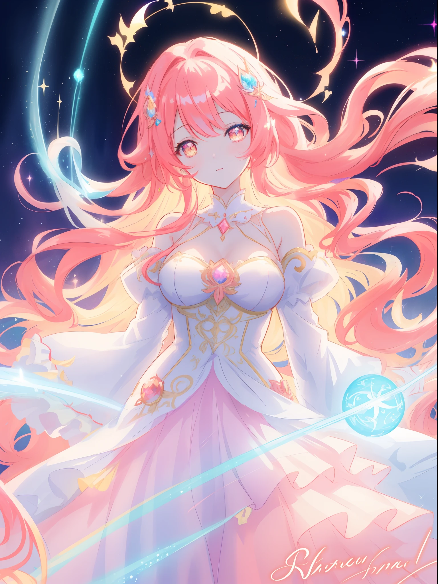 beautiful anime girl in white princess ballgown, vibrant pastel colors, (colorful), magical lights, red and gold long wavy curly hair, sparkling lines of light, inspired by Glen Keane, inspired by Lois van Baarle, disney art style, by Lois van Baarle, glowing aura around her, by Glen Keane, jen bartel, glowing lights! digital painting, flowing glowing hair, glowing flowing hair, beautiful digital illustration, fantasia background, whimsical, magical, fantasy, beautiful face, ((masterpiece, best quality)), intricate details, highly detailed, sharp focus, 8k resolution, sparkling detailed eyes, liquid watercolor