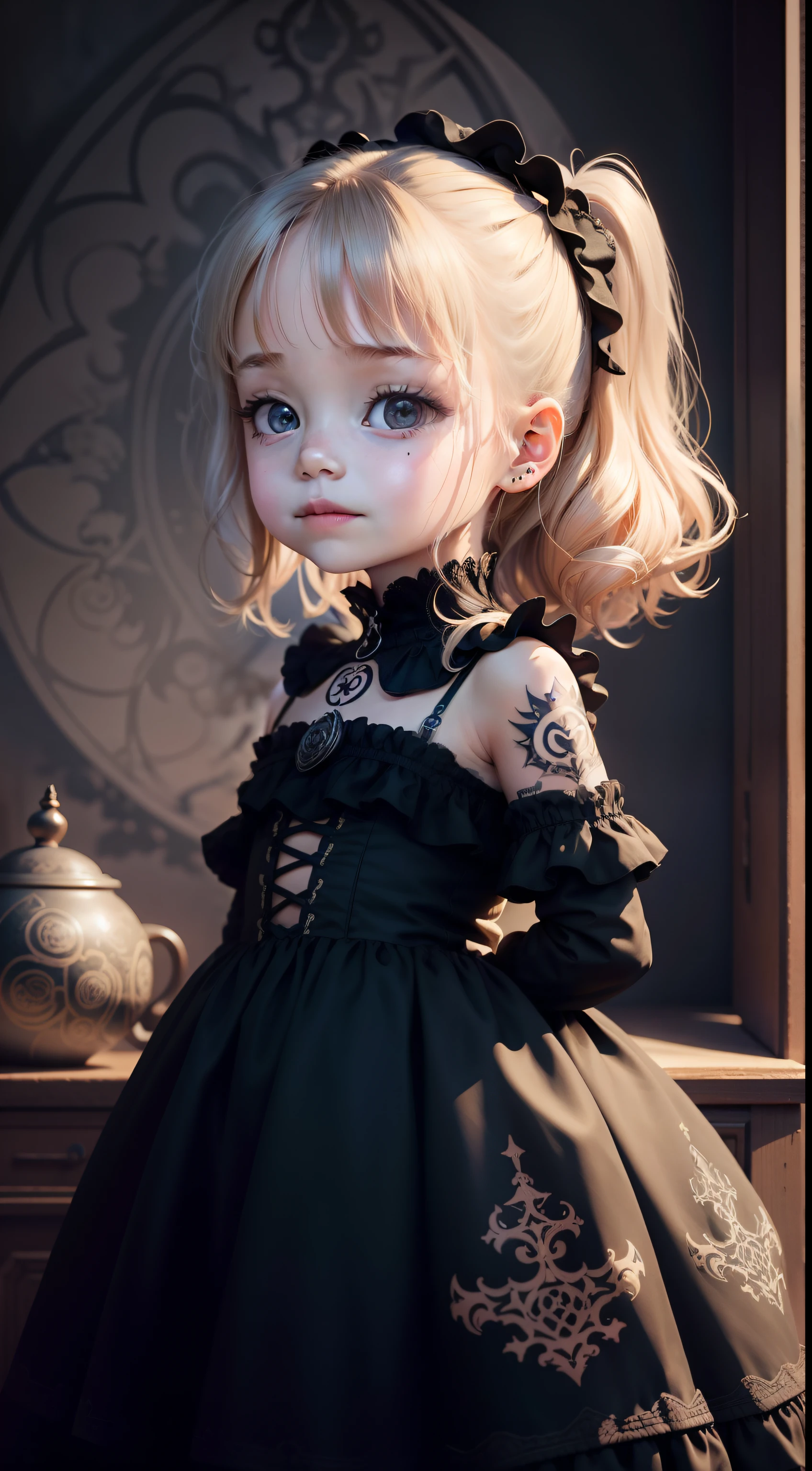 Children's Archives,2  girl，sculpted, Line art, Gothic, More fantasy,tattoos on the arms，neck tattoos，frontage，Two little guesses，Childhooe interaction，cheerfulness，
Absolute symmetry,multi-detail,Absolute clarity – AR 9:16
