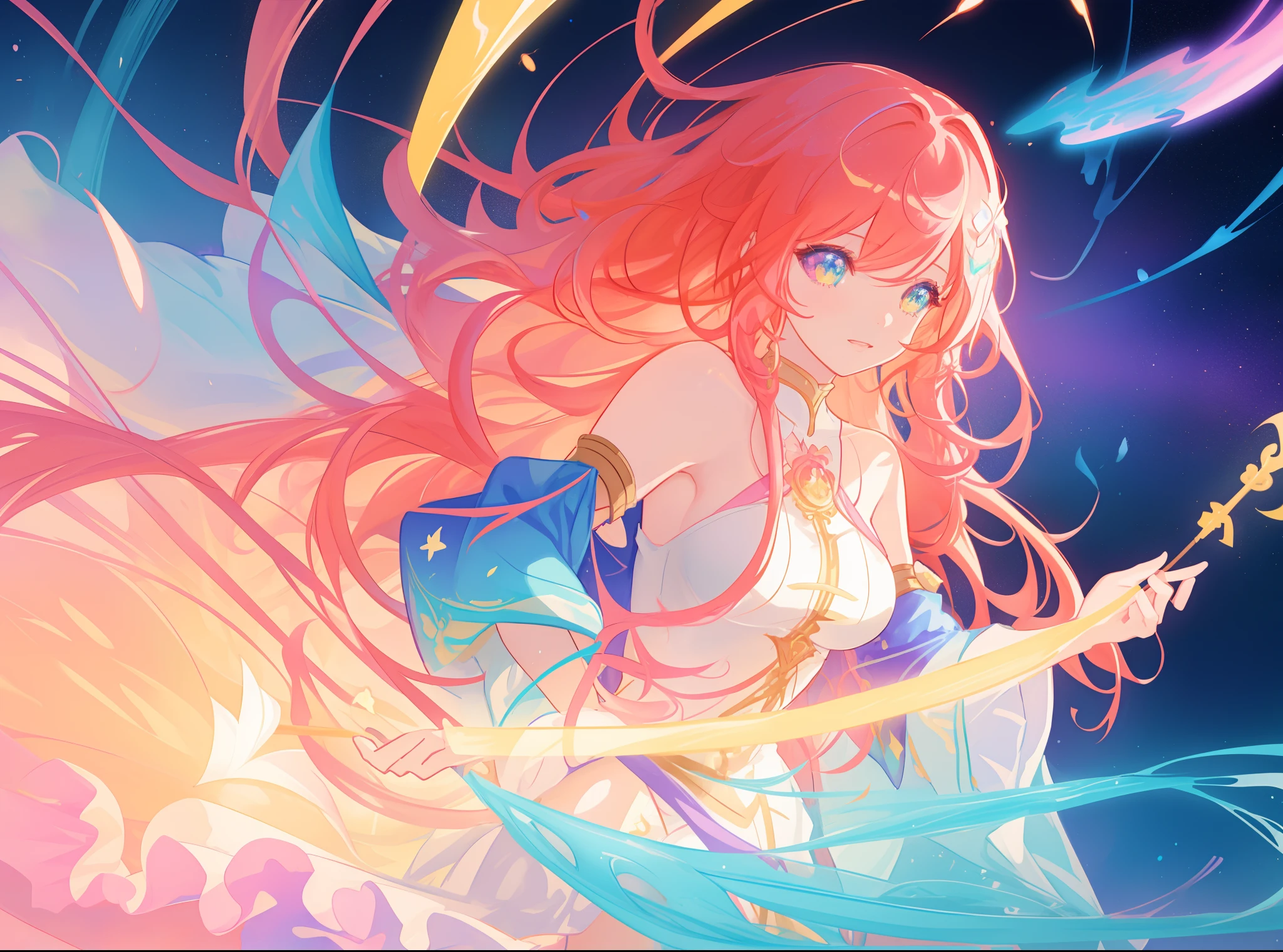 beautiful anime girl, vibrant pastel colors, (colorful), magical lights, long flowing gold and red hair, inspired by Glen Keane, inspired by Lois van Baarle, disney art style, by Lois van Baarle, glowing aura around her, by Glen Keane, jen bartel, glowing lights! digital painting, flowing glowing hair, glowing flowing hair, beautiful digital illustration, fantasia background, whimsical, magical, fantasy, beautiful face, ((masterpiece, best quality)), intricate details, highly detailed, sharp focus, 8k resolution, sparkling detailed eyes, liquid watercolor