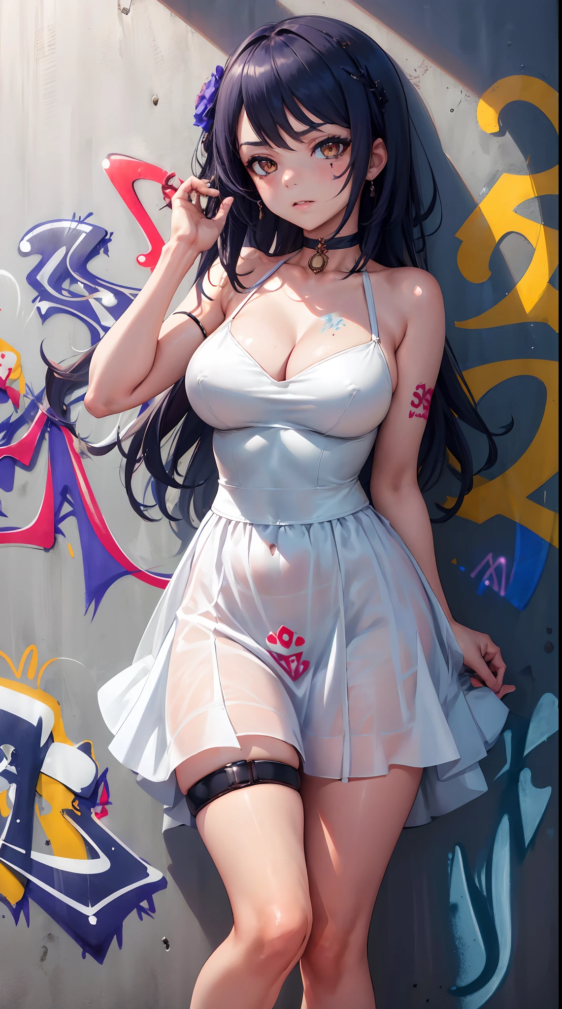 Kujou Sara| genshin impact, master-piece, bestquality, 1girls,25 years old, proportional body, proportional., Wedding Dresses, White Wedding Dress, wedding,Long skirt, mediuml breasts, ,bara, choker, (Graffiti:1.5), Splash with purple lightning pattern., arm behind back, against wall, View viewers from the front., Thigh strap, Head tilt, bored, 10, 10, HD,