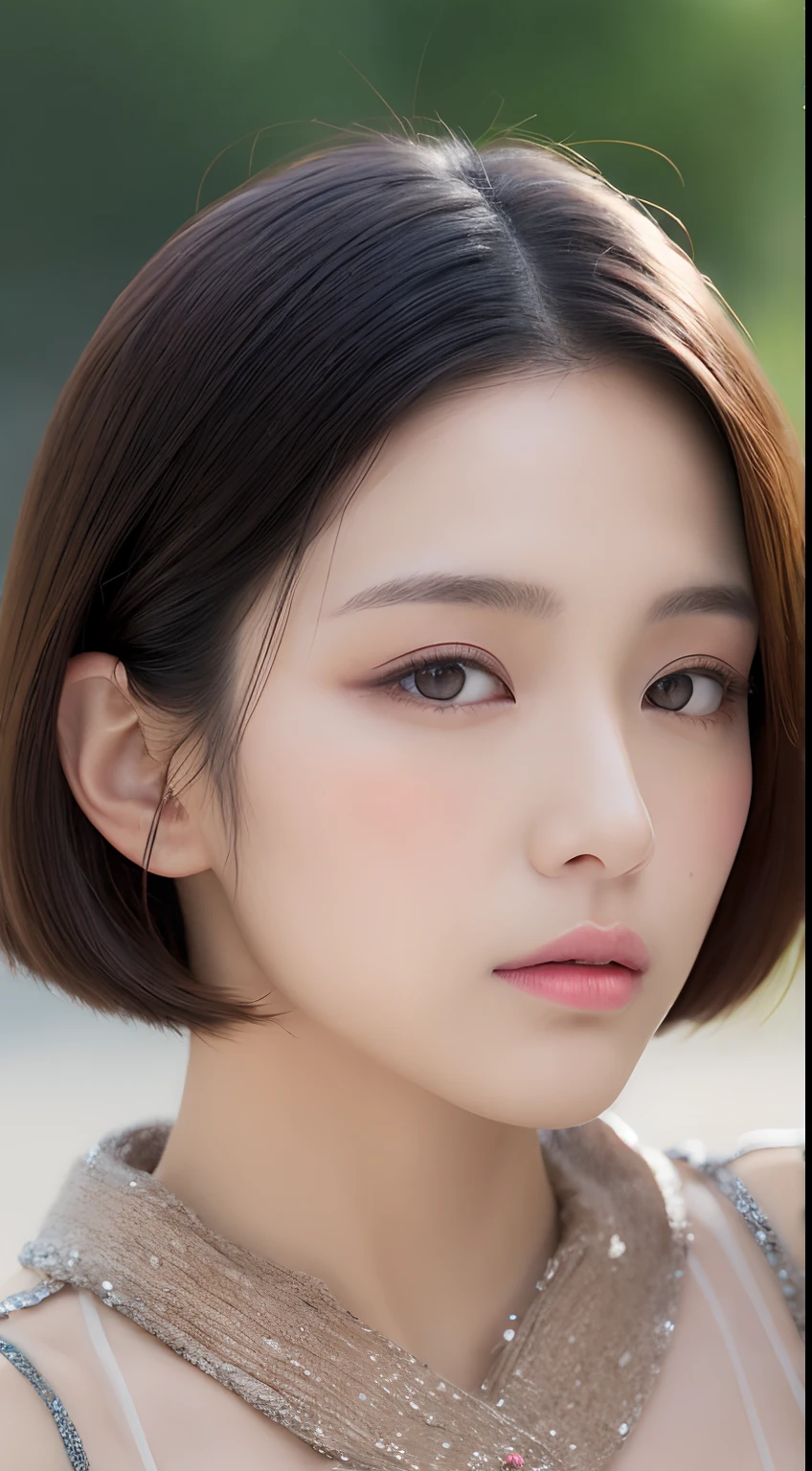 one beautiful Japanese model ,Unique hair details, DNA pattern Negligé, translucent, detailed eyes, double eyelid, plump lips, very very short hair, professional makeup, in the rain, hyper res