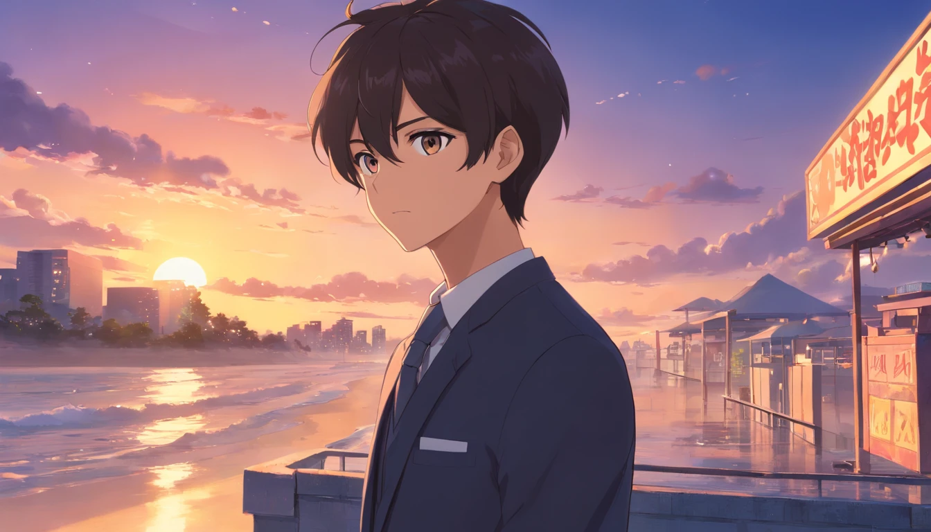 realisticlying,1boy,Black hair,Black eyes,glowing light eyes,In black suit,full bodyesbian,parted lip,the night,suns,rays of sunshine,beachside