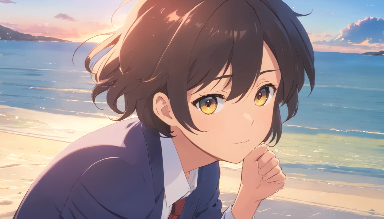realisticlying，1boy，Black hair，Black eyes，glowing light eyes，In black suit，full bodyesbian，parted lip，the night，suns，rays of sunshine，beachside