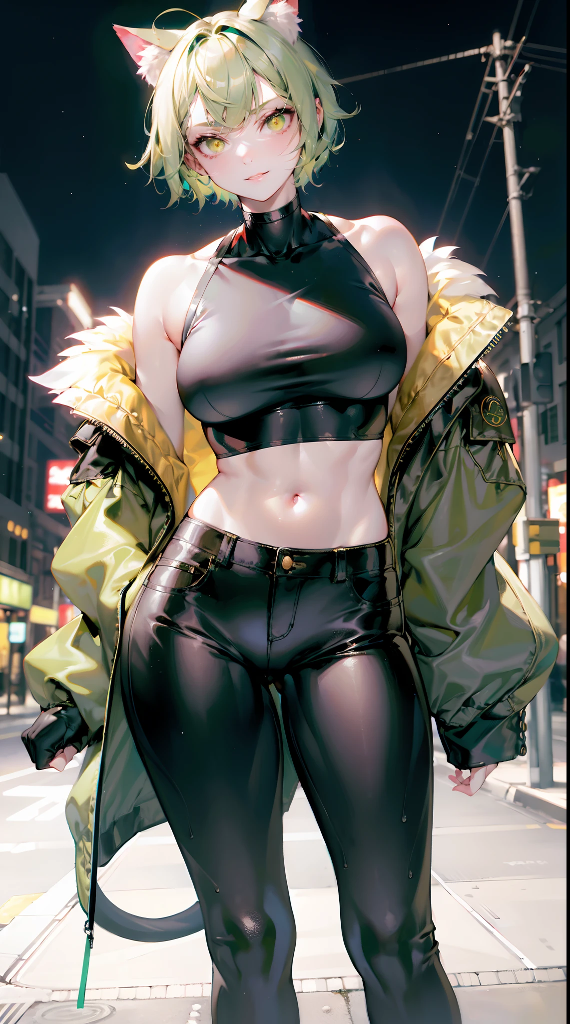 cat girl, green short hair, smug, great quality, absurdres, muscle girl, tight black jeans, white crop top, jacket lowered, midnight street background