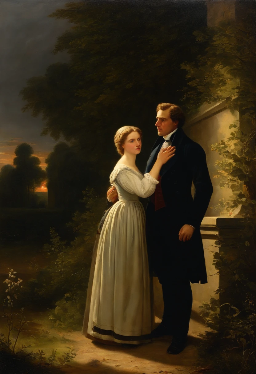 Oil Painting of a Man and a young beautiful Woman, die auf einem Feld mit einer Kirche im Hintergrund (spazieren gehen), Sonne seitlich von vorn, (Stadt im Stil Karl Friedrich Schinkel von mit Kirchturm im Hintergrund), romantisches Licht und Schatten,  a painting by Caspar David Friedrich, Shutterstock, Romantik, 4 K, (Romantik Malerei), Klassizistische Malerei, Romantik Landschaftsmalerei, caspar david friedrich, caspar friedrich, dunkel, david friedrich, atmospheric scene, Karl Friedrich Schinkel