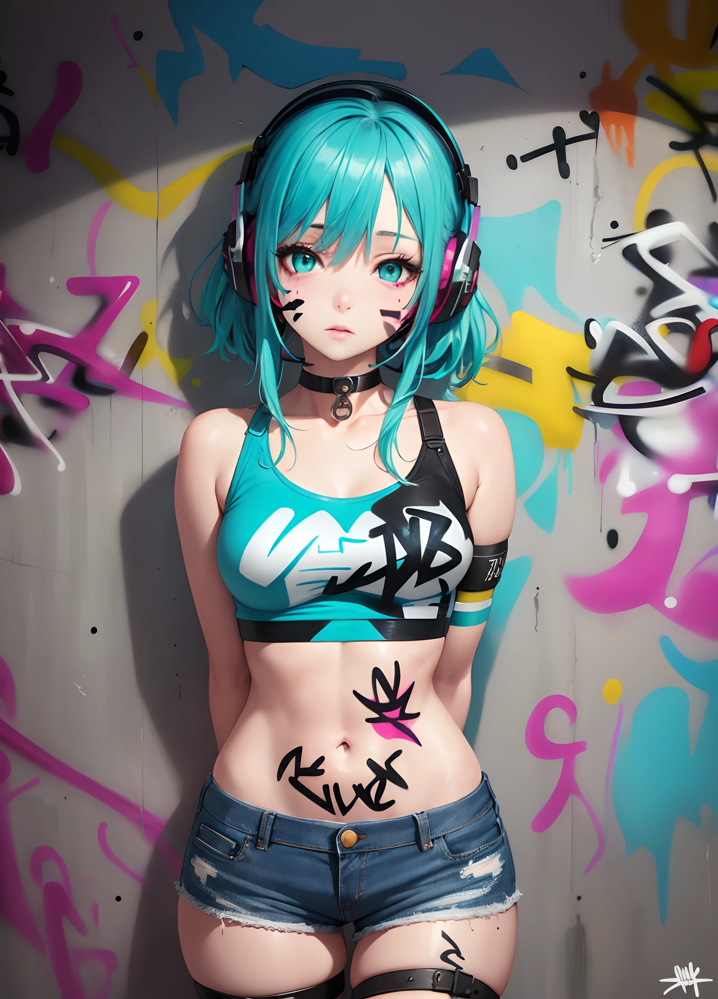 masterpiece, best quality, 1girl, solo, crop top, denim shorts, choker, (graffiti:1.5), paint splatter, arms behind back, against wall, looking at viewer, armband, thigh strap, paint on body, head tilt, bored, multicolored hair, aqua eyes, headset,