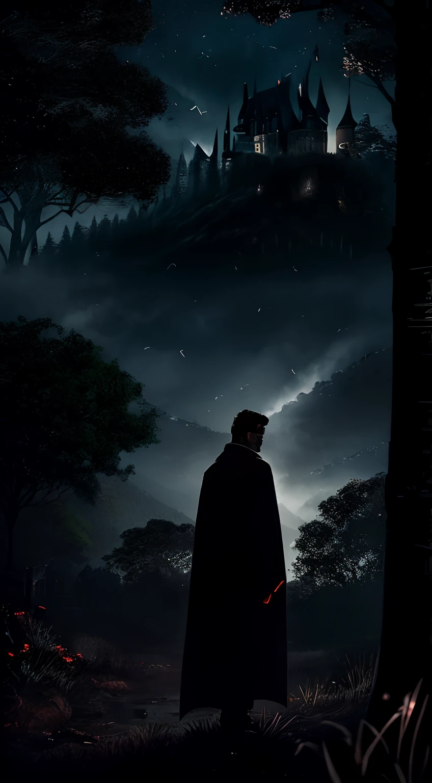 imaginar: There is a silhouette of a man with dark hair, olhos azuis e pele branca, Dressed in black clothes and a coat next to him is a beautiful red-haired woman. Ao fundo, there is a large, Shaded castle surrounded by trees at night, With bats flying in the sky.