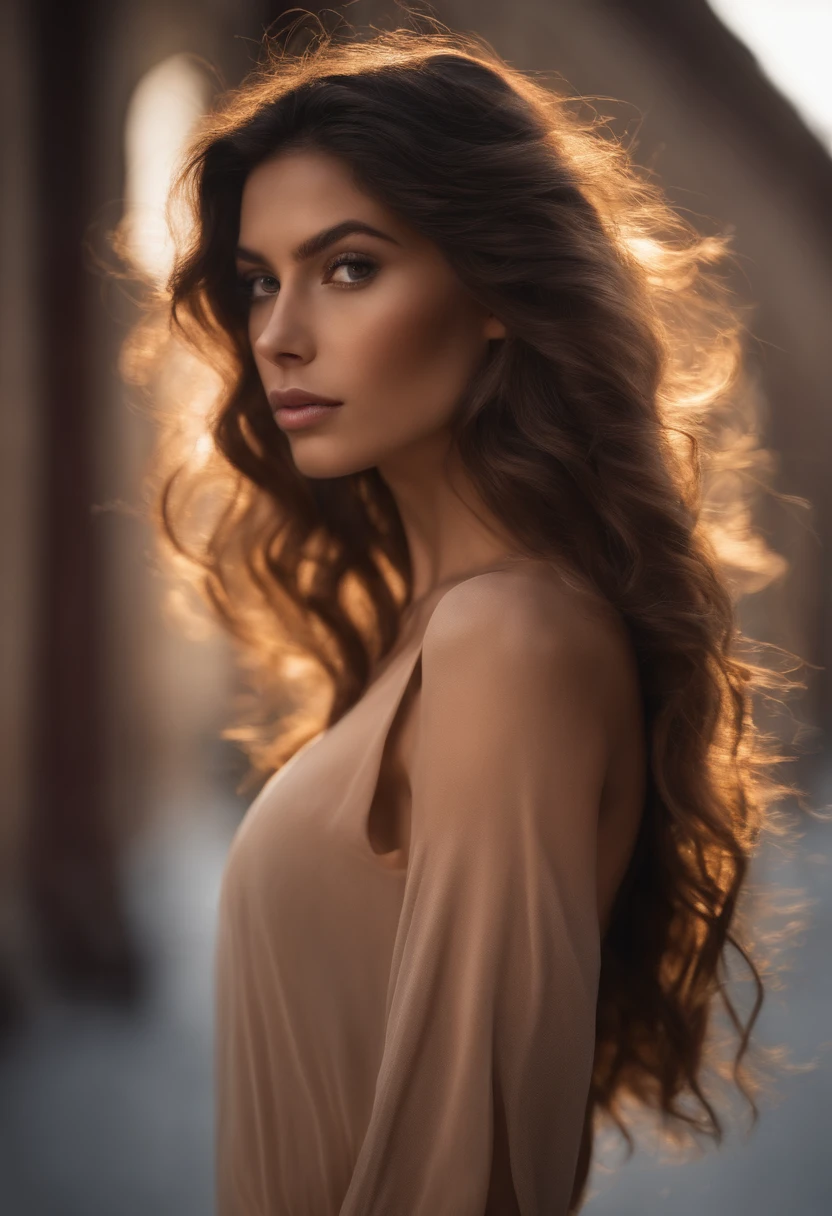 Natural photography of a beautiful girl, porter un crop top ample, se pencher, cheveux longs et fluides, Grand buste, locks eyes in the camera, eyes symmetrical, symmetrical face, photoreallistic, photographie, Path layout, specular lighting, Volumetric facial light, Hair path, Ombres visibles, complexe, elaborate