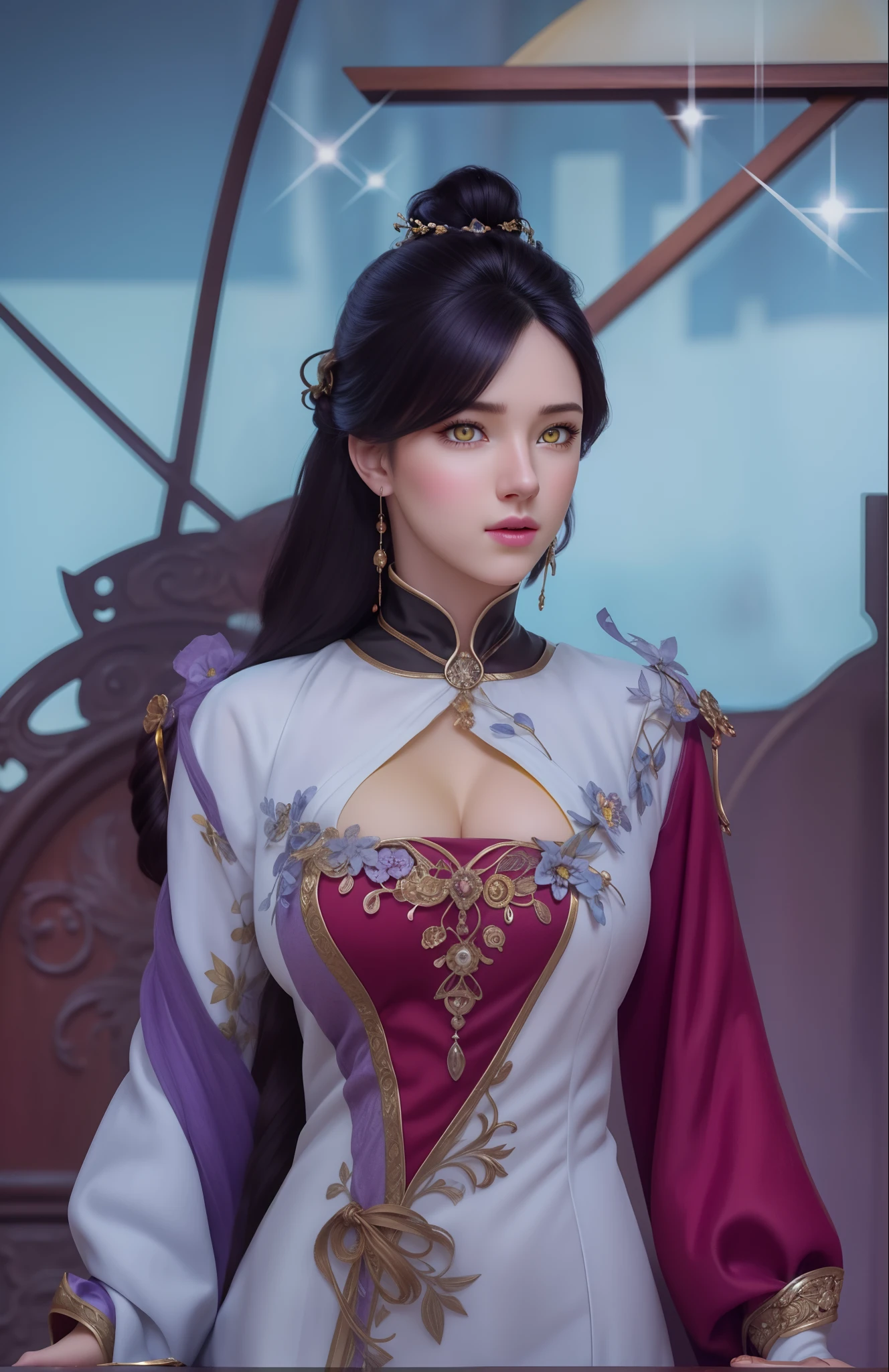 (hyperrealistic), (illustration), (high resolution), (8K), (extremely detailed), (best illustration), (beautiful detailed eyes), (best quality), (ultra-detailed), (masterpiece), (wallpaper), (photorealistic), (natural light), (rim lighting), (detailed face), (high detailed realistic skin texture), (anatomically correct), (solo), (1 girl), (high detailed realistic hair), (purple black hair:1.35), (heterochromic eyes), (detailed eyes), (yellow eyes:1.37), (sparkling eyes), (realistic big breasts:1.5), (exposed breasts:1.35), (long legs), (slender abs), (dynamic pose), (closed tiny mouth:1.3), nsfw, concentrated expression.