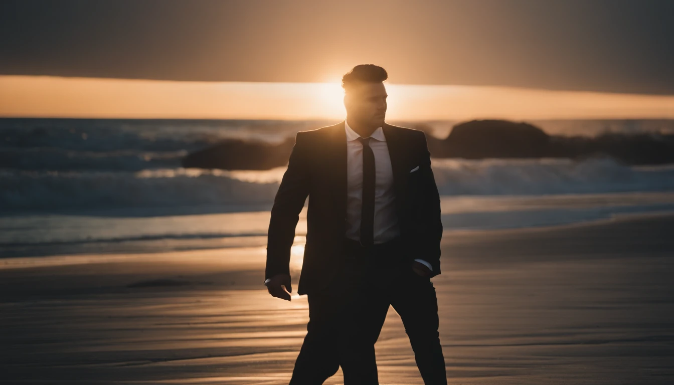 realisticlying,1boy,Black hair,Black eyes,glowing light eyes,In black suit,full bodyesbian,parted lip,the night,suns,rays of sunshine,beachside