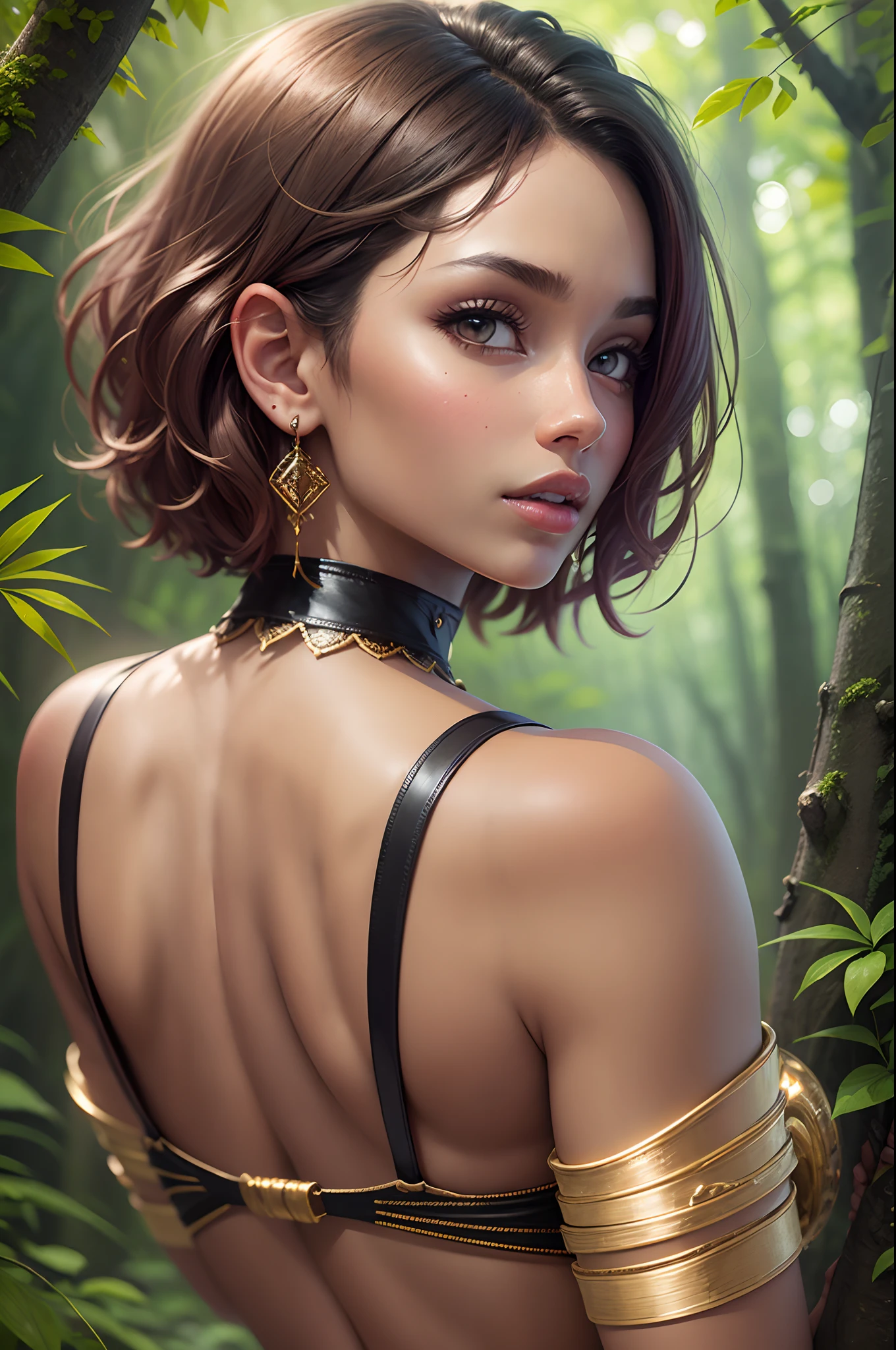 a woman in a forest with her back to the camera and a man in the background, breasts, looking_at_viewer, short_hair, multiple_girls, black_hair, 2girls, bare_shoulders, jewelry, medium_breasts, underwear, standing, panties, ass, earrings, outdoors, parted_lips, solo_focus, day, looking_back, dark_skin, from_behind, dark-skinned_female, tree, lips, crop_top, back, nature, armlet, forest, thong, realistic, bracer