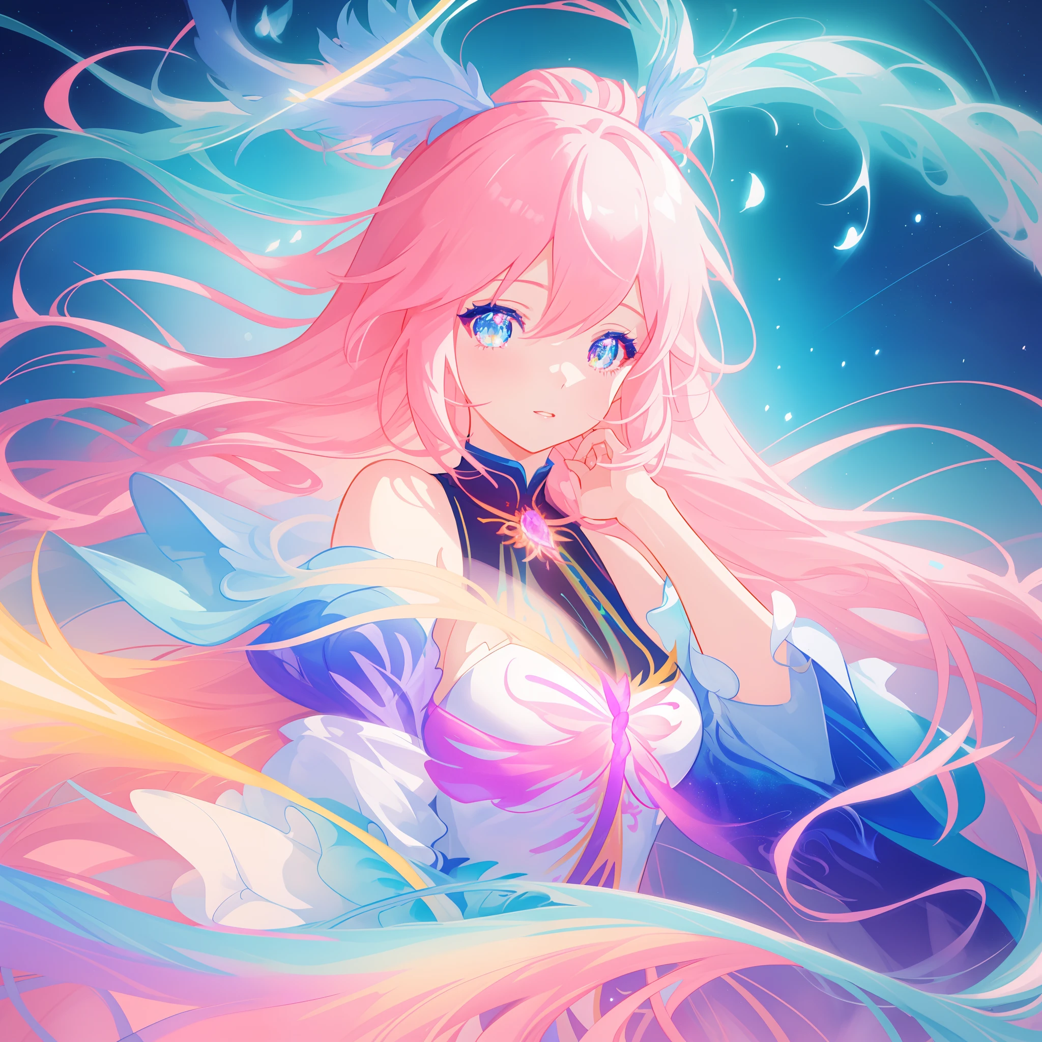 beautiful anime girl in colorful liquid dress, vibrant pastel colors, (colorful), magical lights, long flowing colorful hair, sparkling lines of light, inspired by Glen Keane, inspired by Lois van Baarle, disney art style, by Lois van Baarle, glowing aura around her, by Glen Keane, jen bartel, glowing lights! digital painting, flowing glowing hair, glowing flowing hair, beautiful digital illustration, fantasia background, whimsical, magical, fantasy, beautiful face, ((masterpiece, best quality)), intricate details, highly detailed, sharp focus, 8k resolution, sparkling detailed eyes, liquid watercolor