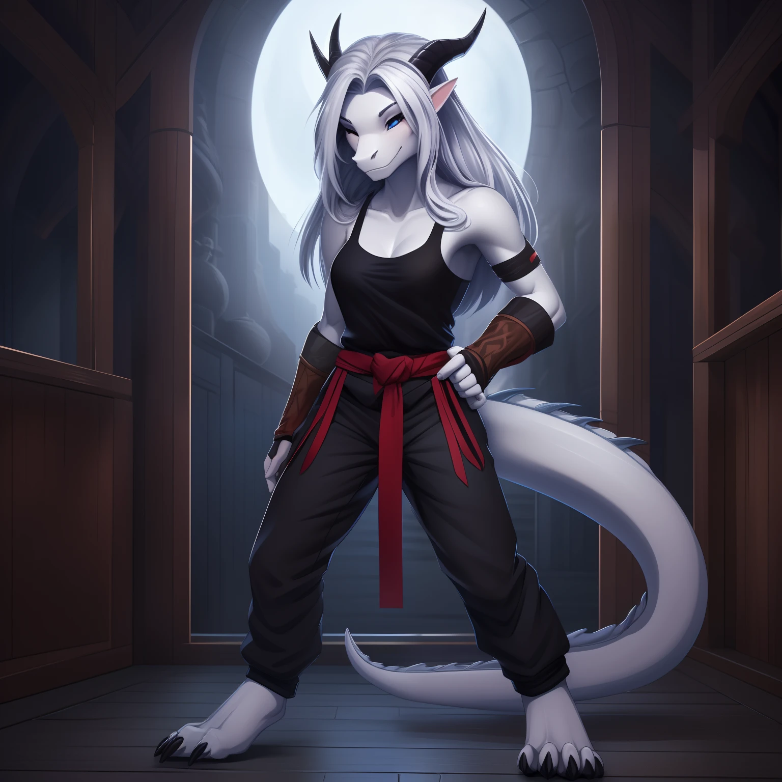 (masterpiece, best quality, high quality, highres:1.4), detailed, extremely detailed, dark lighting, 4K, female, 1female, slim_woman, toned body, dragon, white body, smooth skin, anthro legs, tone body, (dragon feet), (toe claw), black spikes, (detailed eyes), dragon horn, dragon tail, bare_shoulders, (clothing, topwear: tanktop, handwear:(cloth wrap), bottomwear:(pants:black))), beautiful, ((mouth closed)), long silver hair, has hair, pretty, monk, timid, averting eyes, cute, standing in a dojo