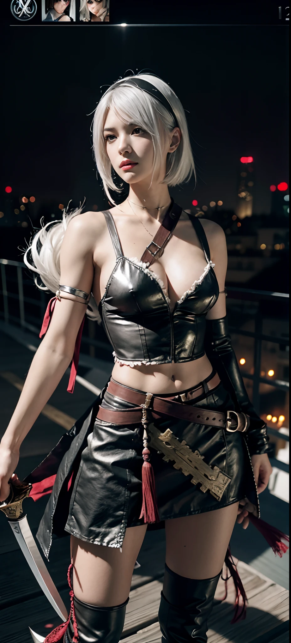 a close up of a person in a costume with a sword, as a character in tekken, female character, tifa lockhart with white hair, katana zero video game character, lunar themed attire, kda, slim body, cyborg - girl with silver hair, upper body avatar, (( medium breast;1.2)), fashion gameplay screenshot, fighting game character, new character, floralpunk elysian maiden, sigma female