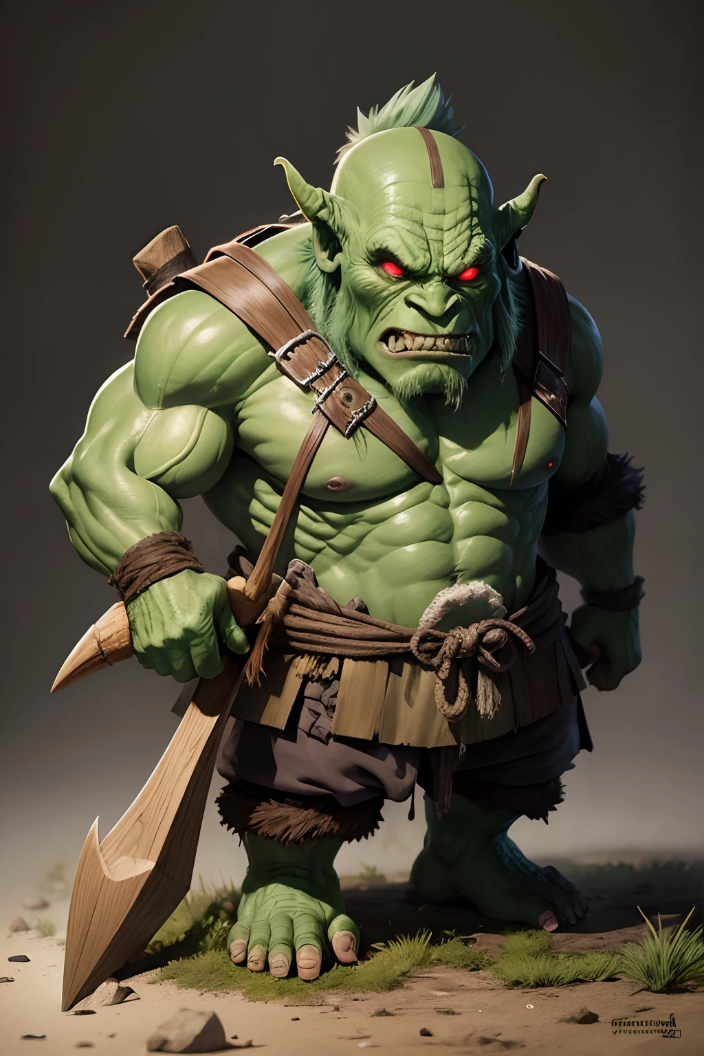 very Short and potbellied green monster with little horns wearing a loincloth, holding a wooden shield and a hammer