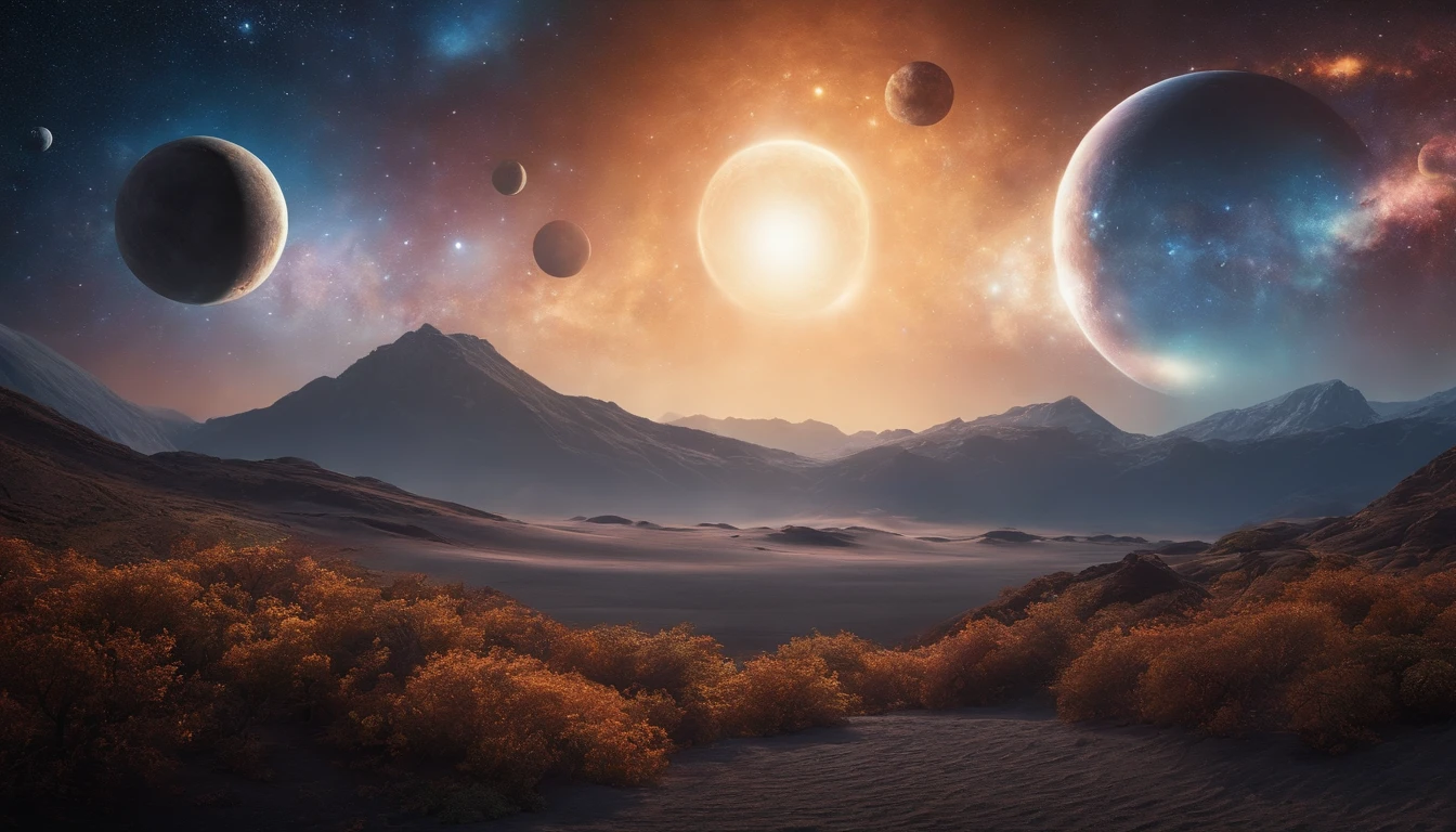 A view of planets in the sky with a mountain in the background - SeaArt AI