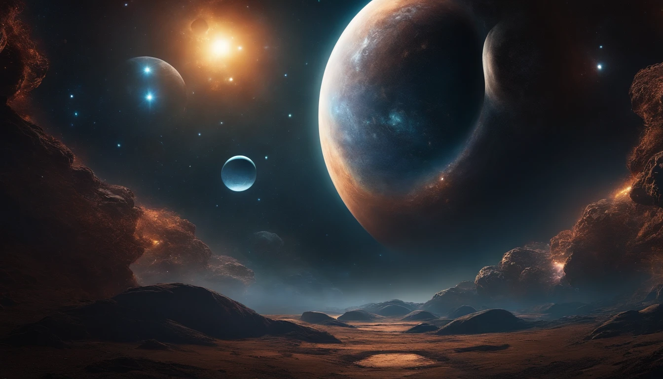 Craft an otherworldly scene featuring a distant planet with multiple moons suspended against a backdrop of distant galaxies. WITH high resolution , distinct features and mind hypnotic