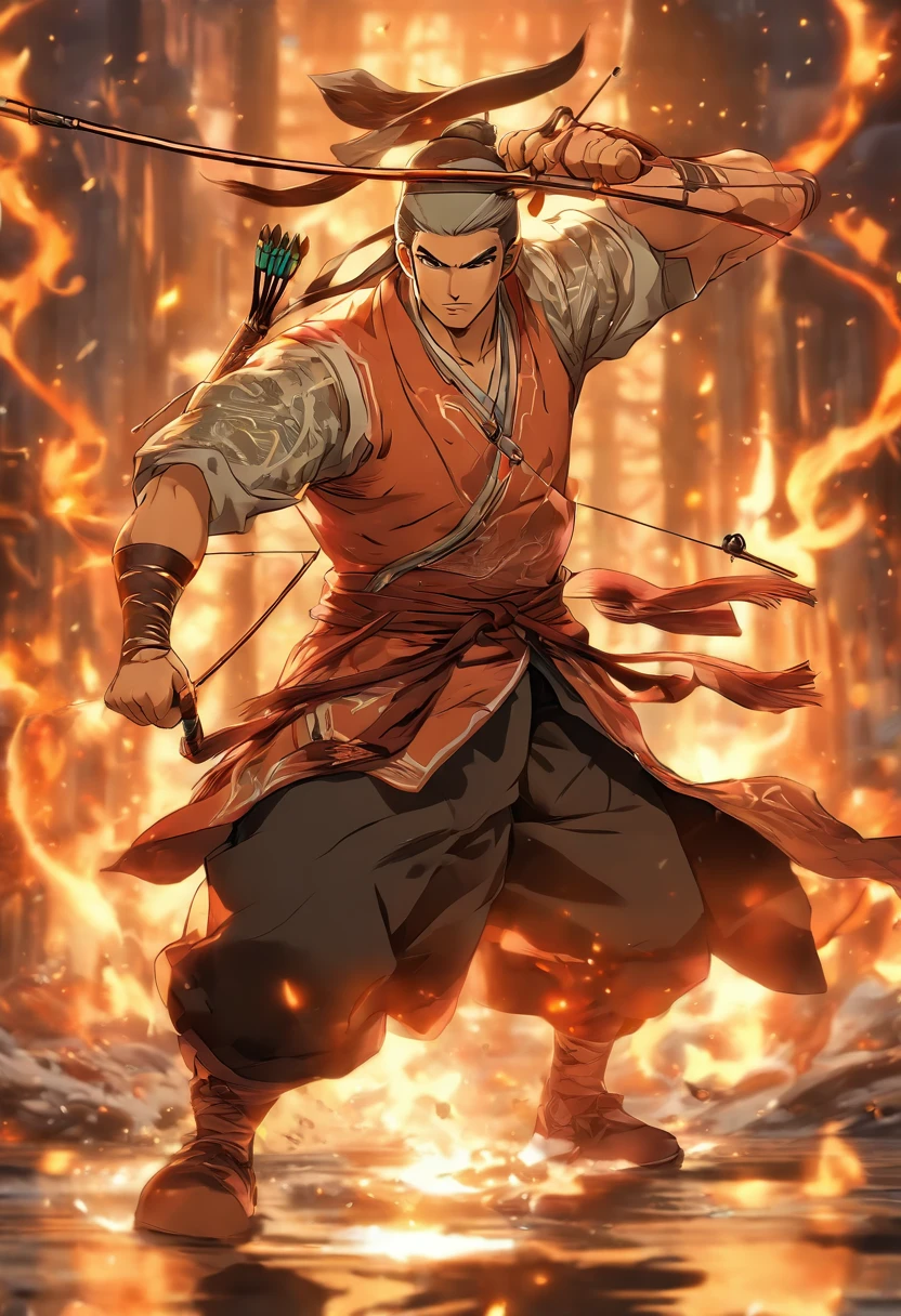 ((​master piece))，(Best quality))，Distant view，archer，Middle-aged Taoist，bow and arrows,Glow effects，Hyper-realistic，Ultra-realistic simulation，Chinese black and white ink style，Black and white ，discoloration，stain，ink，8K，super-fine，High quality
