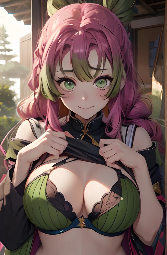 masutepiece, Mitsurikan Log, mitsuri kanroji, braid, Gradient Hair, (Green eyes:1.5), Green hair, Long hair, Mole, Mole under the eyes, multicolored hair, Pink hair, Twin braids, Two-tone hair, Brake belt, Black skirt, cleavage, haori, BREAK looking at viewer, Break indoors, BREAK (masutepiece:1.2), Best Quality, High resolution, Unity 8k壁纸, (Illustration:0.8), (Beautiful detailed eyes:1.6), extra detailed face, Perfect Lighting, extremely details CG, (Perfect hands, Perfect Anatomy),colourful hair, The whole body is reflected, (Off-the-shoulder costumes:1.5), ((chest wide open and exposed)), (Smile), Sitting on a chair, legs crossed, Hands behind the head, Showing the side, Lying on your back on the bed, ((undergarment)), ((Torn clothes))
